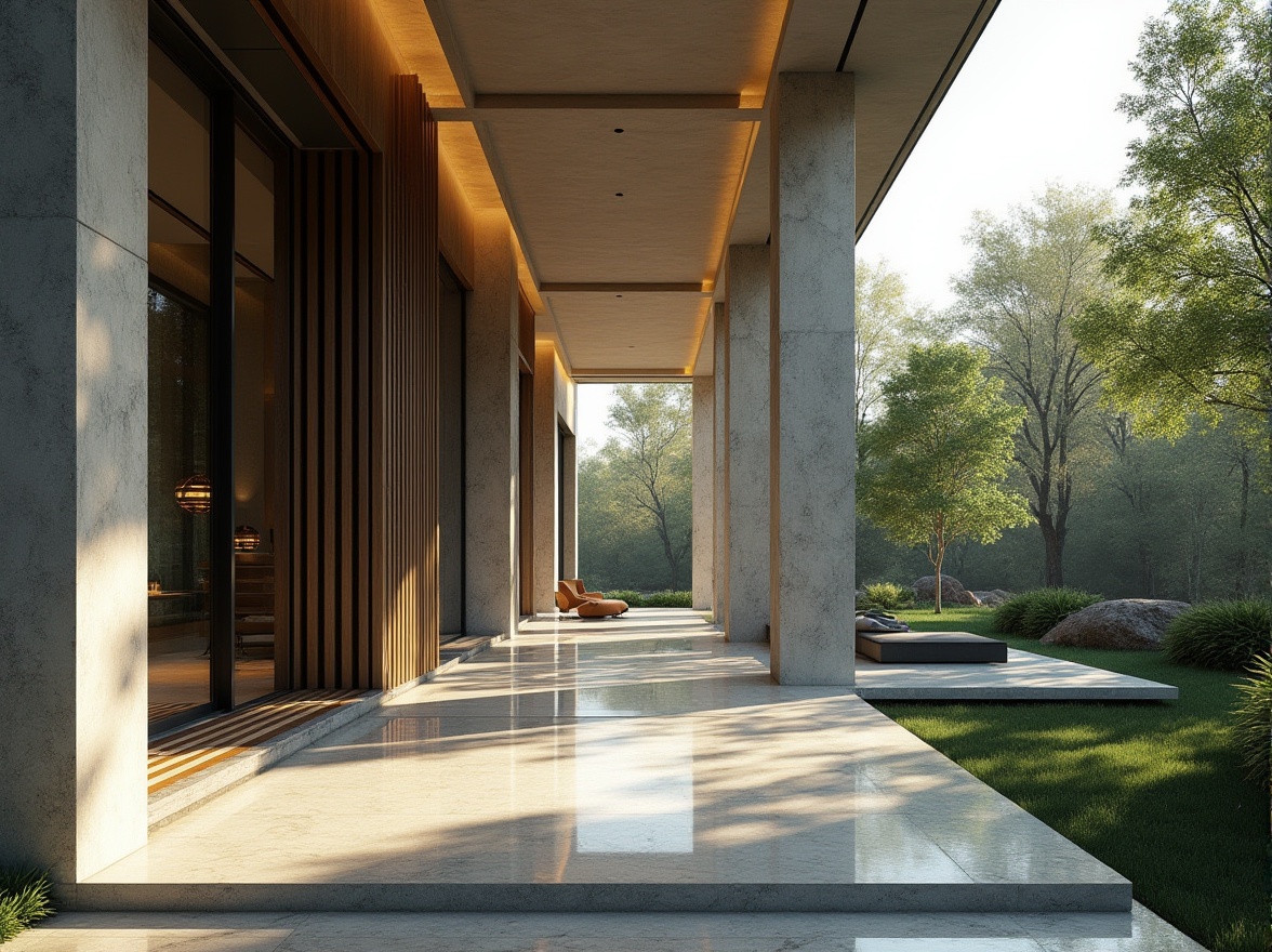 Prompt: Modern architecture, granite material, luxurious villa, sleek lines, massive pillars, grand entrance, polished floors, rustic stone walls, greenery surroundings, natural ambiance, sunlight filtering through trees, 3/4 composition, wide-angle shot, cinematic lighting, dramatic shadows, ambient Occlusion, high-contrast ratio.