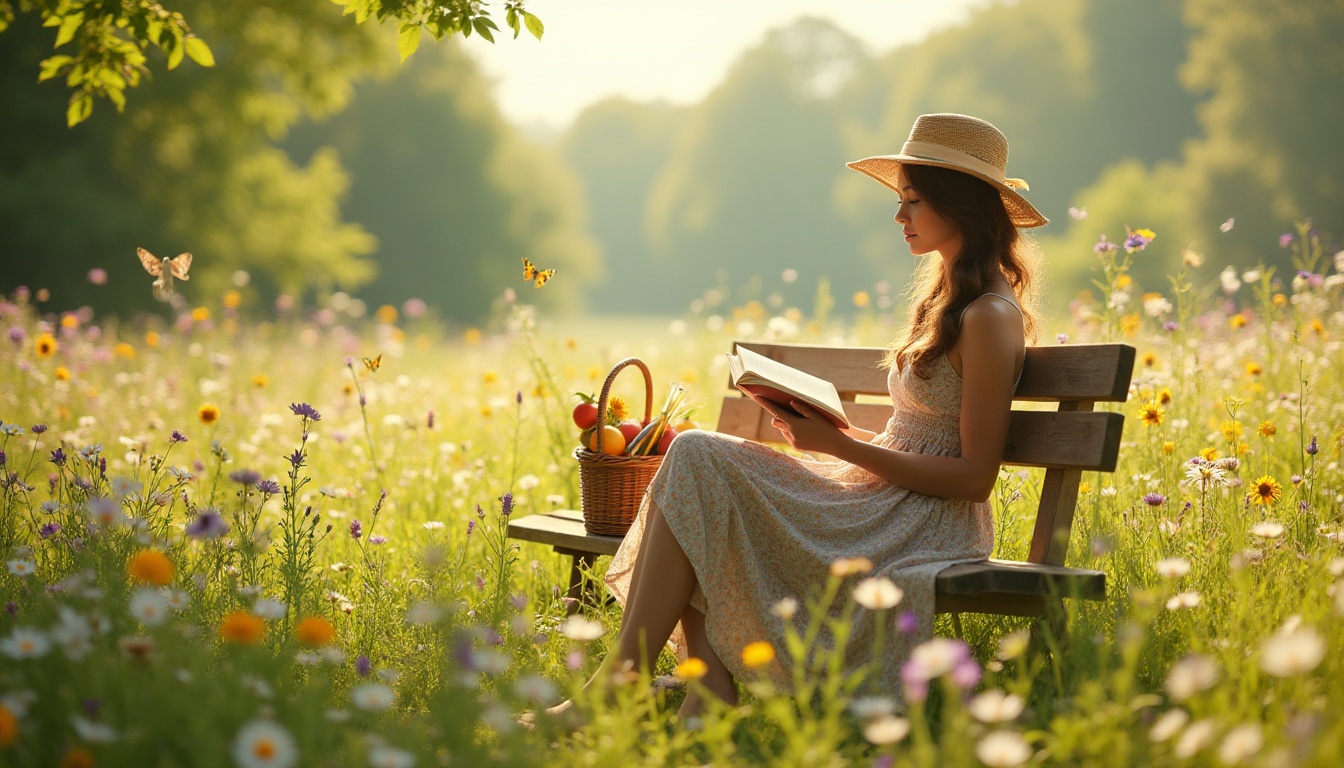 Prompt: Vibrant meadow scenery, sunny afternoon, gentle breeze, warm soft light, lush green grass, variety of colorful wildflowers blooming, daisies, sunflowers, lavender, butterflies fluttering, few birds flying overhead, wooden picnic bench amidst the flowers, woven wicker basket filled with fruits and wine, elegant lady in flowy sundress, straw hat, sitting on the bench, reading a book, relaxed posture, peaceful atmosphere, natural textures, earthy tones, warm color palette, shallow depth of field, cinematic composition.