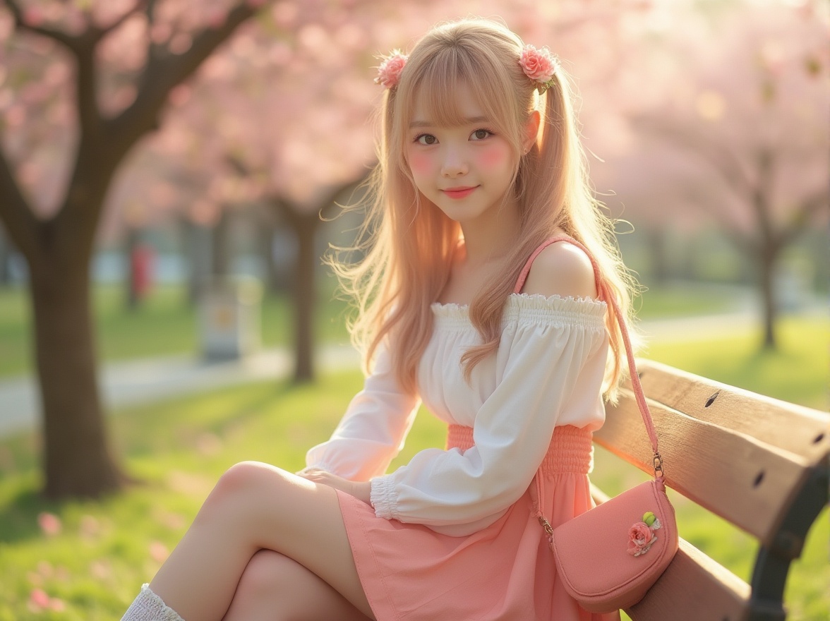 Prompt: Peachy Kei girl, 18yo, sweet smile, gentle gaze, pastel peach hair clips, soft blush, natural makeup, casual wear, white off-shoulder blouse, high-waisted peach-colored skirt, lace-trimmed socks, sneakers, holding a peach-shaped purse, sitting on a park bench, surrounded by blooming peach blossoms, warm sunlight filtering through the trees, soft focus, shallow depth of field, vibrant colors, cinematic composition.