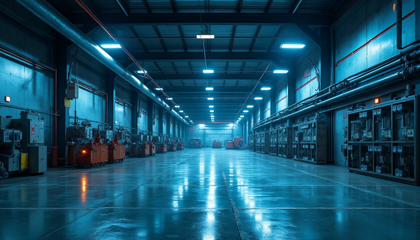 Prompt: Industrial area, functional design, modern architecture, steel structure, sleek lines, metallic materials, neon lights, concrete floors, urban atmosphere, 3/4 composition, low-angle shot, dramatic lighting, blue tone color palette, cityscape background, crane machines, pipes and valves, factory equipment, warning signs, reflective surfaces, industrial chic.