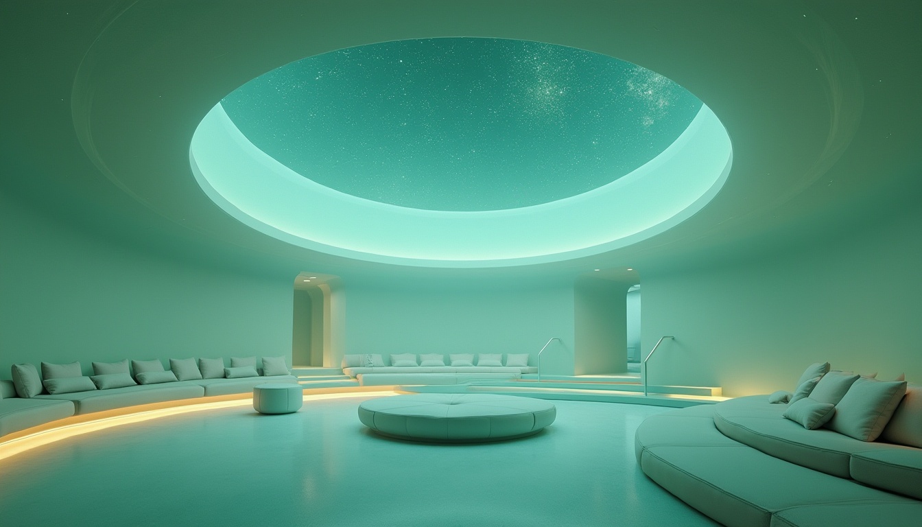 Prompt: Calming planetarium interior, mint green walls, ceiling, and furniture, soft glowing starry night sky, comfortable cushioned seating, minimalist decor, sleek metal handrails, ambient warm lighting, subtle shadows, 3/4 composition, shallow depth of field, futuristic atmosphere, spacious high ceilings, circular architecture, celestial-inspired chandeliers, gentle misty fog effect, serene ambiance, HDR rendering.