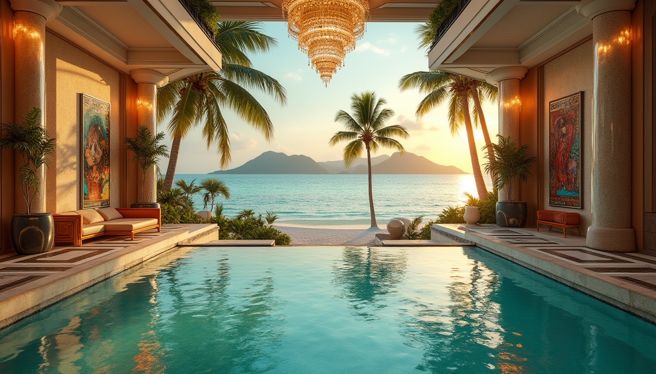 Prompt: Art Deco island, luxurious villa, crystal-clear turquoise water, white sandy beach, palm trees swaying gently, lavish gardens, ornate fountains, grand staircases, geometric patterns, metallic accents, vintage posters, antique furniture, lavish chandeliers, curved lines, bold colors, glamorous atmosphere, sunset view, low-angle shot, symmetrical composition, warm lighting, soft focus, shallow depth of field, cinematic mood.