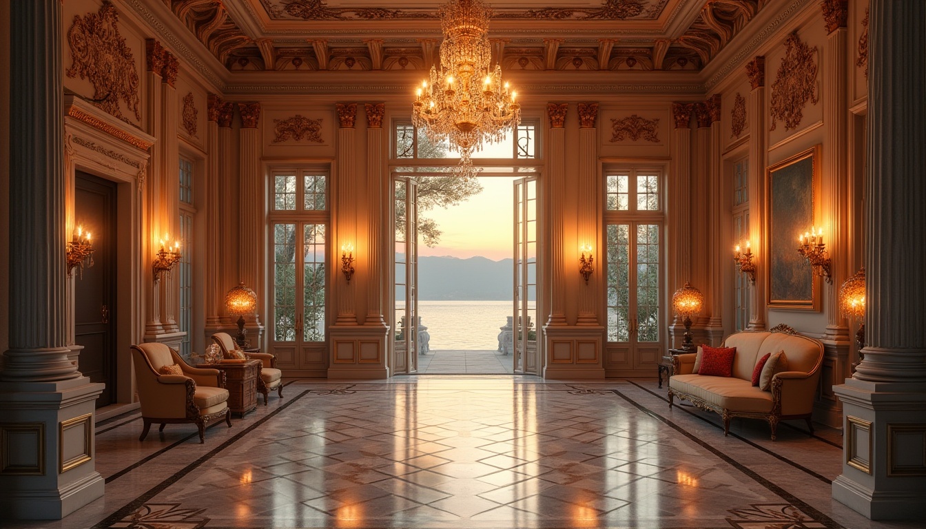 Prompt: Riverbank, Classicism, luxury mansion, grand entrance, symmetrical facade, ornate decorations, Roman columns, marble floors, crystal chandeliers, lavish furnishings, velvet drapes, golden accents, scenic river view, sunset time, warm ambient lighting, 3/4 composition, shallow depth of field, soft focus on background, sharp focus on foreground, cinematic mood.