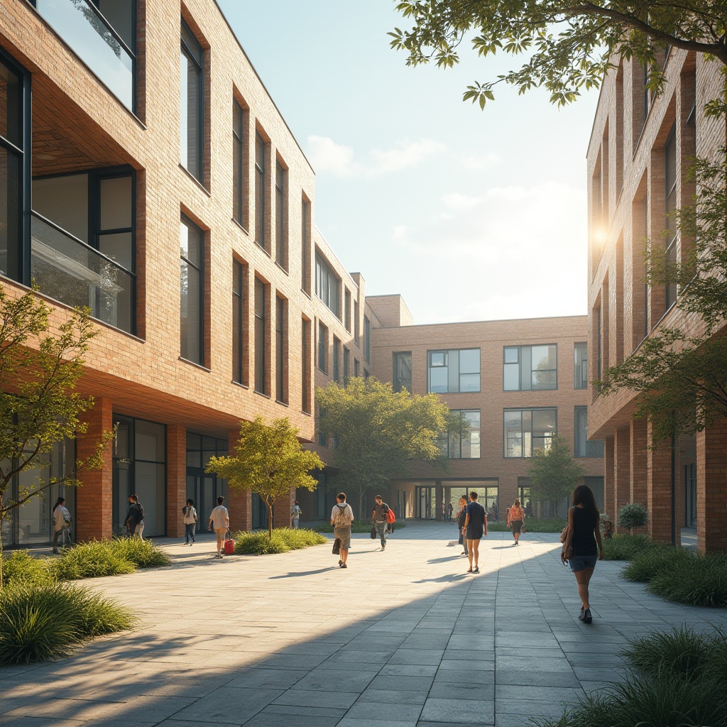 Prompt: Modern high school, streamline architecture, brick material, clean lines, minimalist, rectangular shapes, large windows, natural light, open courtyard, greenery, students walking, backpacks, casual clothing, warm atmosphere, soft lighting, 3/4 composition, shallow depth of field, vibrant colors, afternoon sun, slight shadows, educational environment.