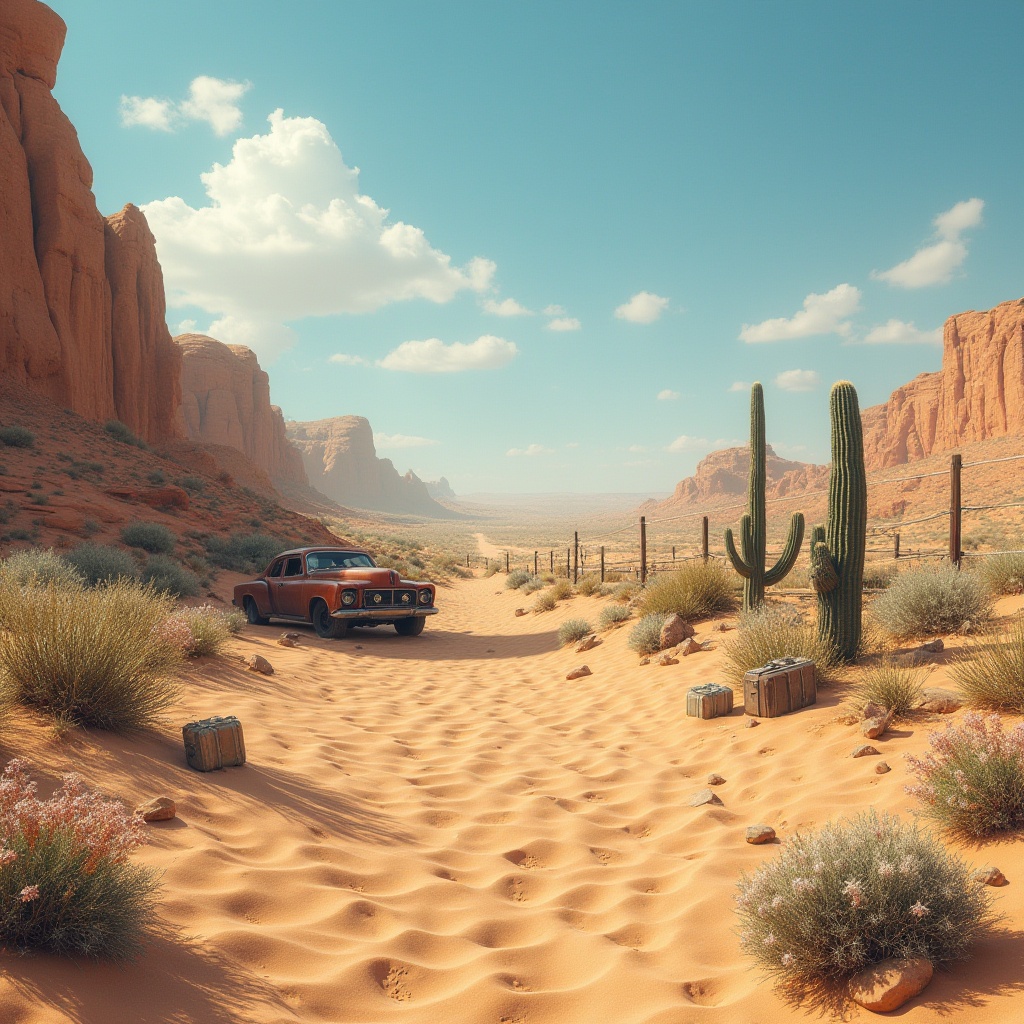 Prompt: Desert landscape, Ocher color palette, sandy dunes, rocky formations, vast open spaces, clear blue sky, few puffy white clouds, warm sunlight, soft shadows, detailed rock textures, realistic sand ripples, cacti scattered, rare wildflowers blooming, old wooden fences, abandoned rusty cars, vintage luggage, worn leather boots, serene atmosphere, panoramic view, 3/4 composition, natural lighting, cinematic mood.