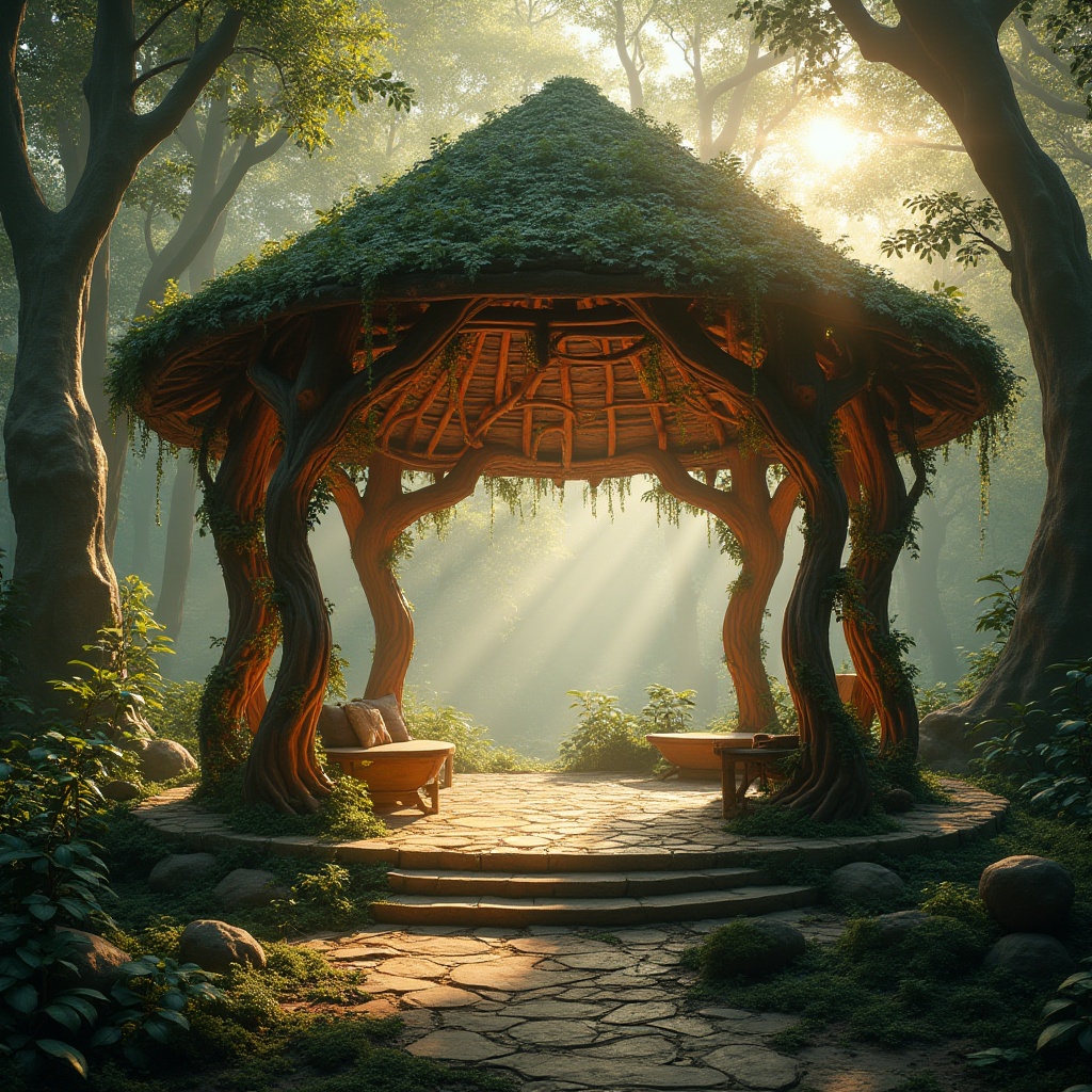 Prompt: Forest-inspired pavilion, intricate wooden structure, curved lines, natural materials, vines entwined columns, leaf-shaped roof tiles, soft moss carpeting, twinkling string lights, misty atmosphere, surrounded by towering trees, dense foliage, sunbeams filtering through leaves, warm golden lighting, 3/4 composition, panoramic view, serene ambiance.