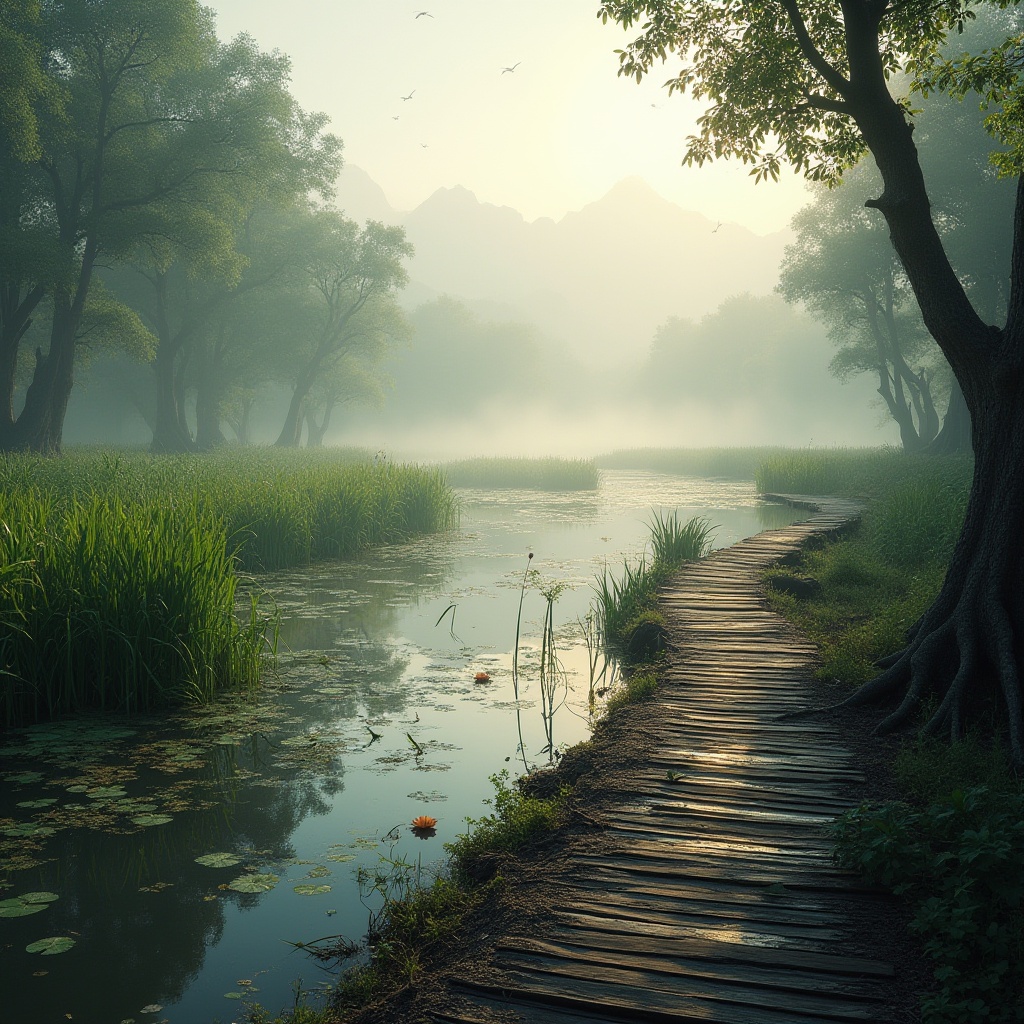 Prompt: Wetland scene, misty morning atmosphere, serene water reflections, lush green vegetation, diverse aquatic plants, cattails, water lilies, mangroves, twisted tree roots, wooden boardwalk, worn wooden planks, soft fog, gentle ripples on the water surface, few birds flying overhead, distant misty mountains, warm and soft ambient lighting, 3/4 composition, panoramic view.