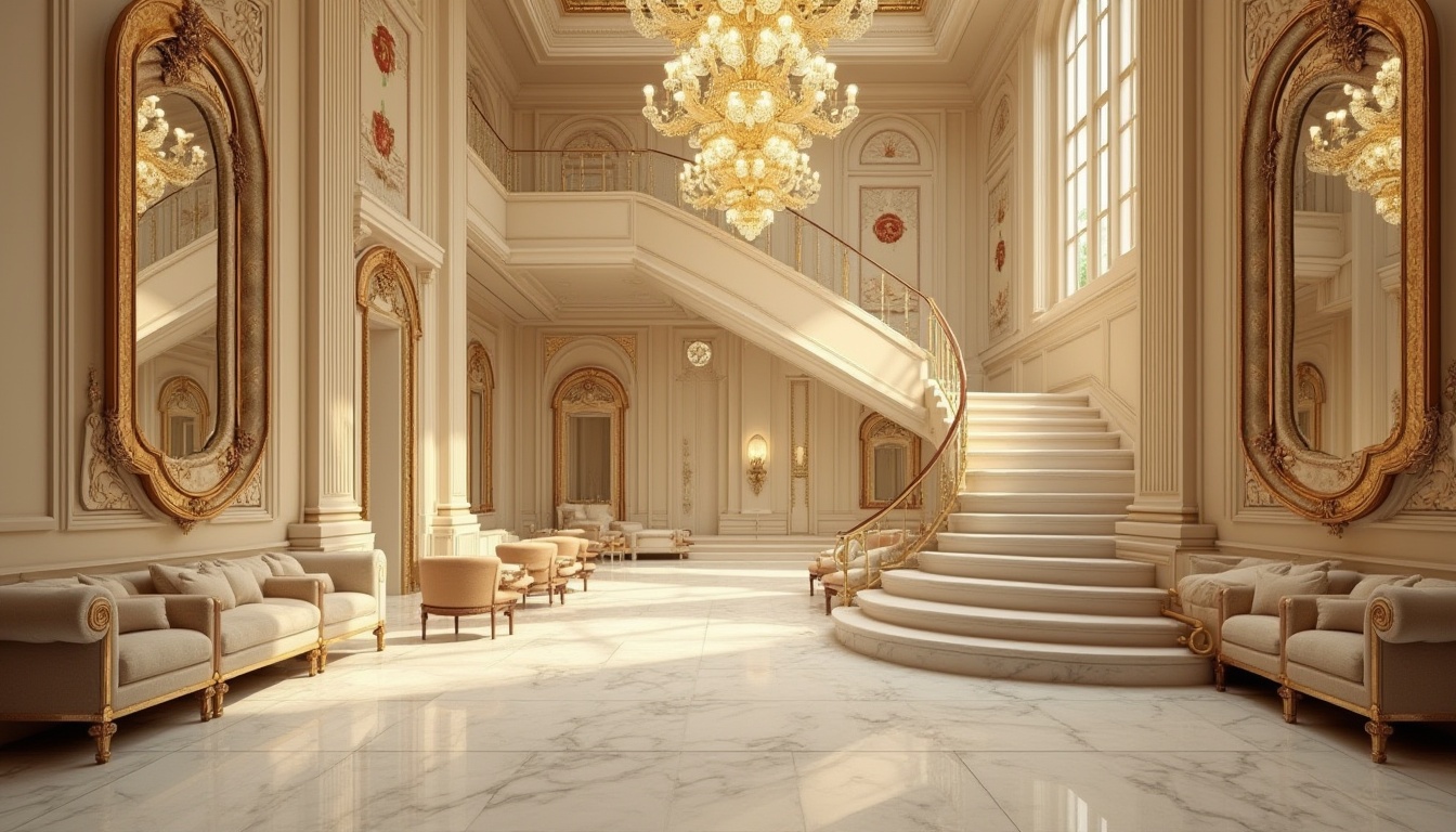 Prompt: Cream color, luxurious, elegant, art deco interior, ornate mirrors, lavish chandeliers, marble flooring, high ceiling, grand staircase, velvet sofas, golden frames, abstract patterns, geometric shapes, metallic accents, rich fabrics, sophisticated ambiance, warm lighting, dramatic shadows, cinematic composition, 3/4 view.