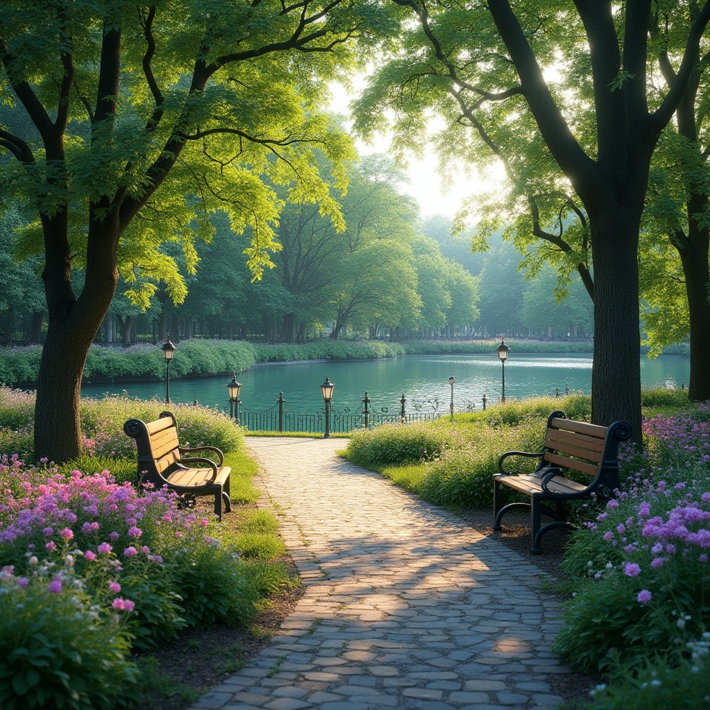 Prompt: Vibrant park scenery, Prussian blue accents, serene lake, walking path, lush greenery, blooming flowers, wooden benches, lanterns, iron fences, majestic trees, dappled sunlight, warm afternoon, 3/4 composition, soft focus, natural atmosphere.