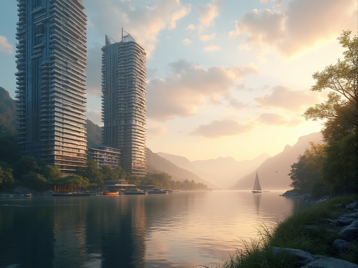 Prompt: Lakefront skyscrapers, modern architecture, glass facade, steel frame, curved lines, luxurious balconies, floor-to-ceiling windows, panoramic view, sunset reflection, calm lake water, surrounding lush greenery, dense forest, misty atmosphere, morning fog, distant mountains, sailboats, seagulls flying overhead, warm soft light, cinematic composition, 3/4 view, low-angle shot.