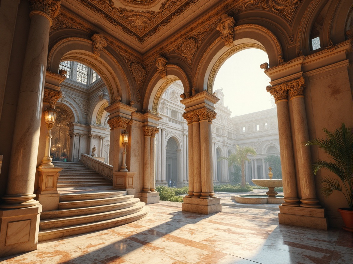 Prompt: Marble columns, grand entrance, Renaissance architecture, luxurious interior, ornate decorations, intricate carvings, polished marble floor, high ceiling, chandeliers, stained glass windows, majestic staircase, ornate railings, classical statues, fountain, garden courtyard, sunny afternoon, warm ambient light, soft shadows, 3/4 composition, panoramic view.