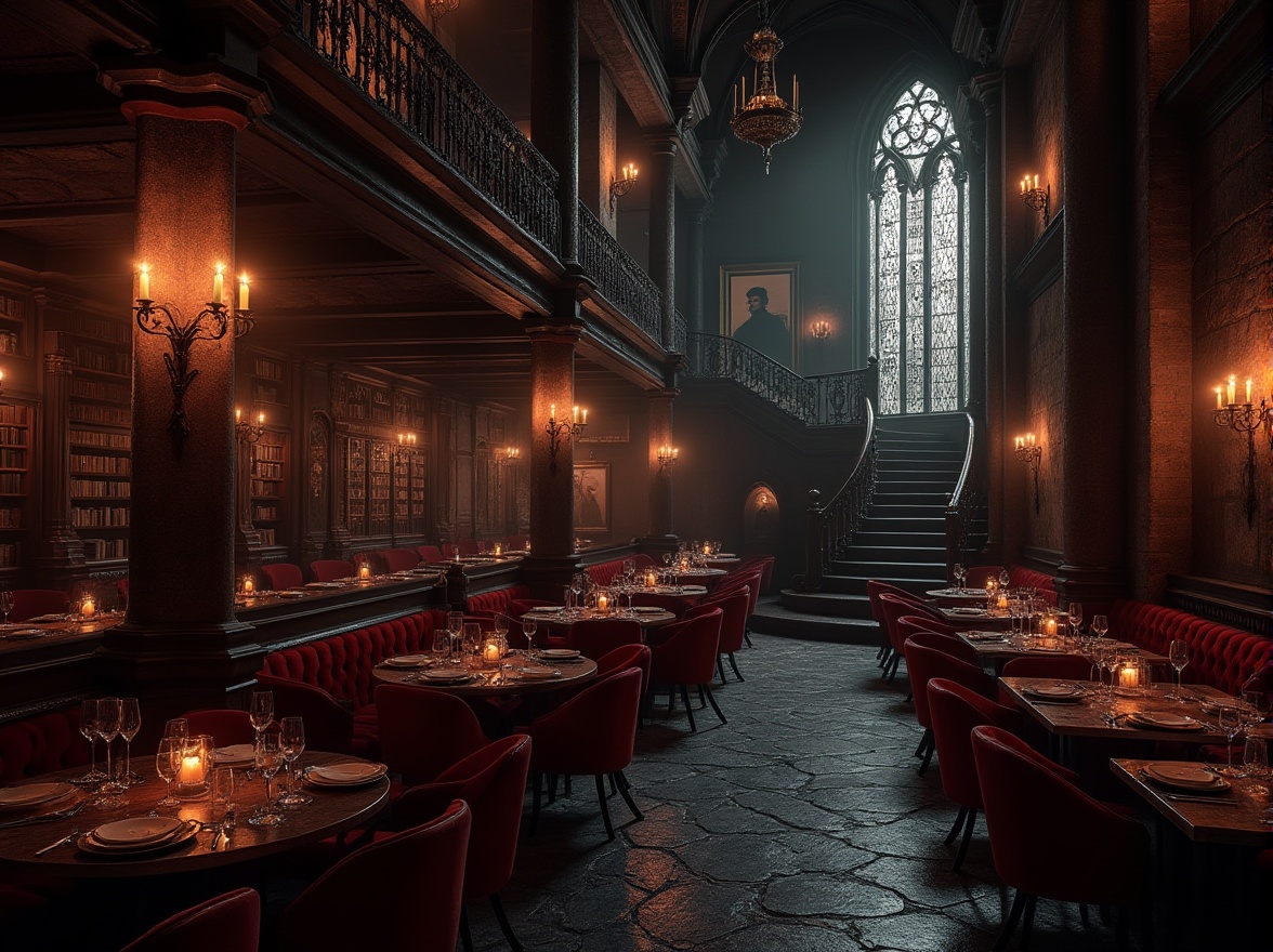 Prompt: Dark, mysterious atmosphere, Gothic style restaurant interior, dimly lit chandeliers, ornate wooden tables, velvet drapes, stone walls, medieval-inspired decorative elements, intricate carvings, grandiose architecture, high ceilings, large stained glass windows, heavy iron doors, luxurious red and black color scheme, eerie ambiance, candelabras, mysterious shadows, dramatic lighting, grand staircase, ornate mirrors, mysterious portraits, old bookshelves, mystical artifacts, ancient tomes, mysterious relics.