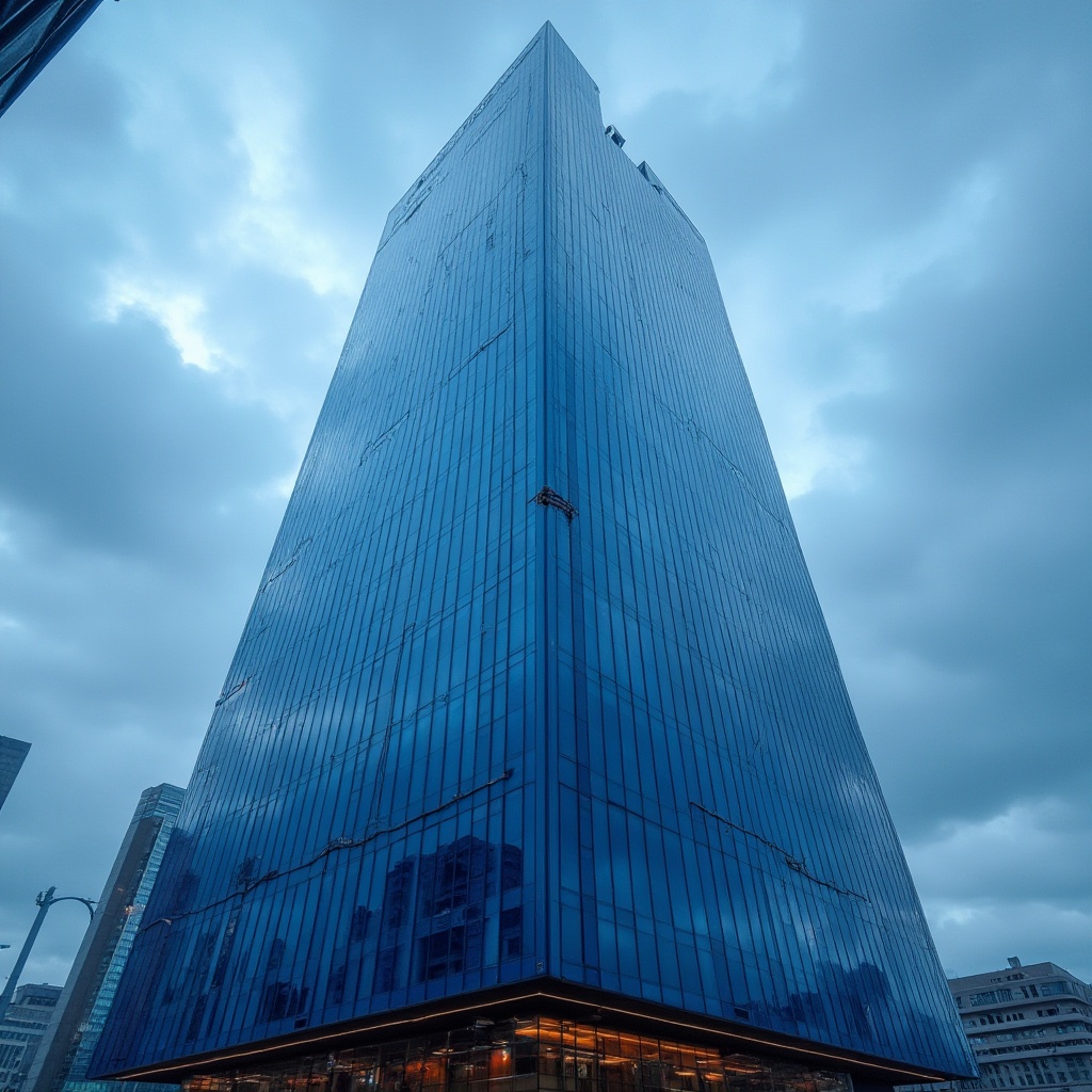 Prompt: Indigo building, modern architecture, sleek lines, minimalist structure, indigo glass façade, reflective surface, cityscape, metropolitan, urban jungle, cloudy sky, dramatic lighting, low-angle shot, 3/4 composition, blue hour, vibrant colors, bold design, geometric shapes, concrete walls, steel beams, innovative materials.