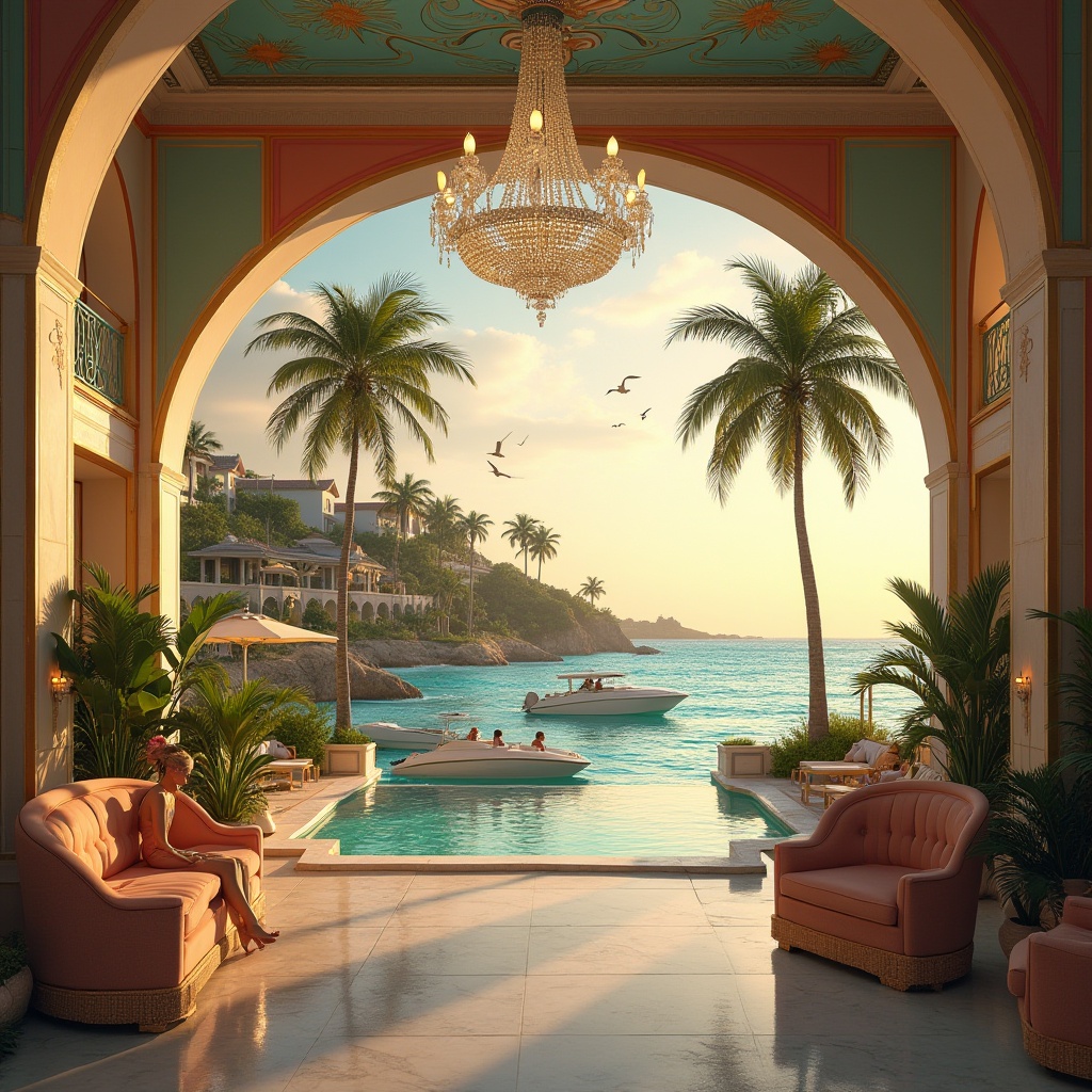 Prompt: Art Deco island, luxurious villa, tropical beach, palm trees, 1920s inspired architecture, ornate metalwork, geometric patterns, bright pastel colors, grand staircase, crystal chandelier, lavish interior, velvet sofas, marble floors, exotic plants, warm sunset light, soft waves crashing, seagulls flying overhead, vintage speedboats docked, elegant ladies lounging, gentlemen in linen suits, jazz music playing softly, 3/4 composition, cinematic lighting.