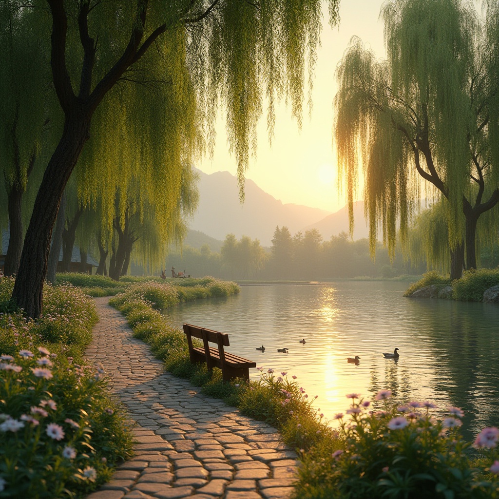 Prompt: Riverbank location, scenic views, calm atmosphere, lush greenery, natural habitat, wooden benches, walking paths, riverside promenade, sunset time, golden light reflecting off water, weeping willows gently swaying, vibrant wildflowers blooming, ducks swimming lazily, distant mountains serene backdrop, soft ripples on water surface, warm ambient lighting, 3/4 composition, panoramic view, shallow depth of field, realistic rendering.