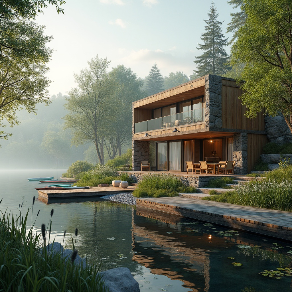 Prompt: Lakefront house, modern architecture, large windows, sliding glass doors, natural stone walls, wooden decks, outdoor furniture, lush greenery, surrounding trees, overhanging branches, serene lake views, calm water reflections, sailboats, kayaks, wooden dock, pebbles, stones, reeds, cattails, water lilies, misty morning atmosphere, warm sunlight, soft focus, shallow depth of field, peaceful ambiance, natural materials, earth tones, harmonious integration with nature, panoramic view.