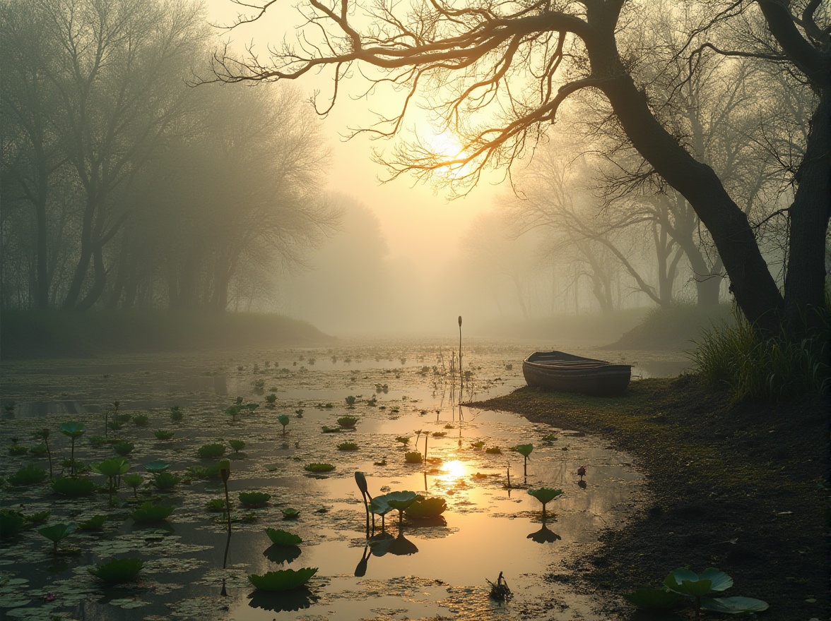 Prompt: Wetland scenery, misty atmosphere, murky waters, tangled aquatic plants, cattails, water lilies, lotus flowers, twisted tree branches, muddy shore, wooden dock, old rowboat, mist-covered distant trees, soft golden lighting, warm colors, shallow depth of field, serene ambiance, panoramic view, 3/4 composition.