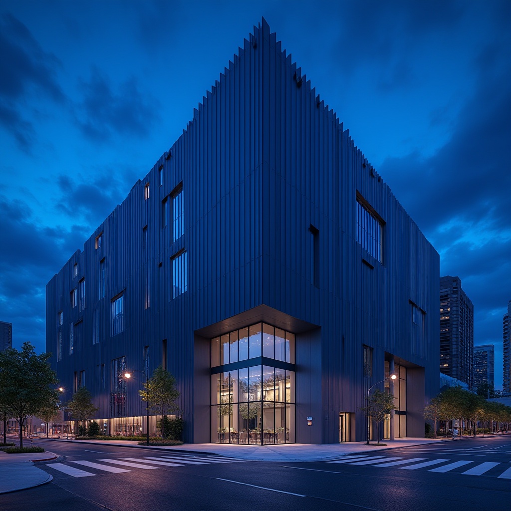 Prompt: Indigo building, modern architecture, geometric structure, metallic indigo façade, glass windows, minimalist interior, sleek lines, luxurious atmosphere, urban cityscape, night view, streetlights, deep blue ambiance, cinematic composition, low-angle shot, dramatic lighting, 3/4 perspective, HDR rendering.