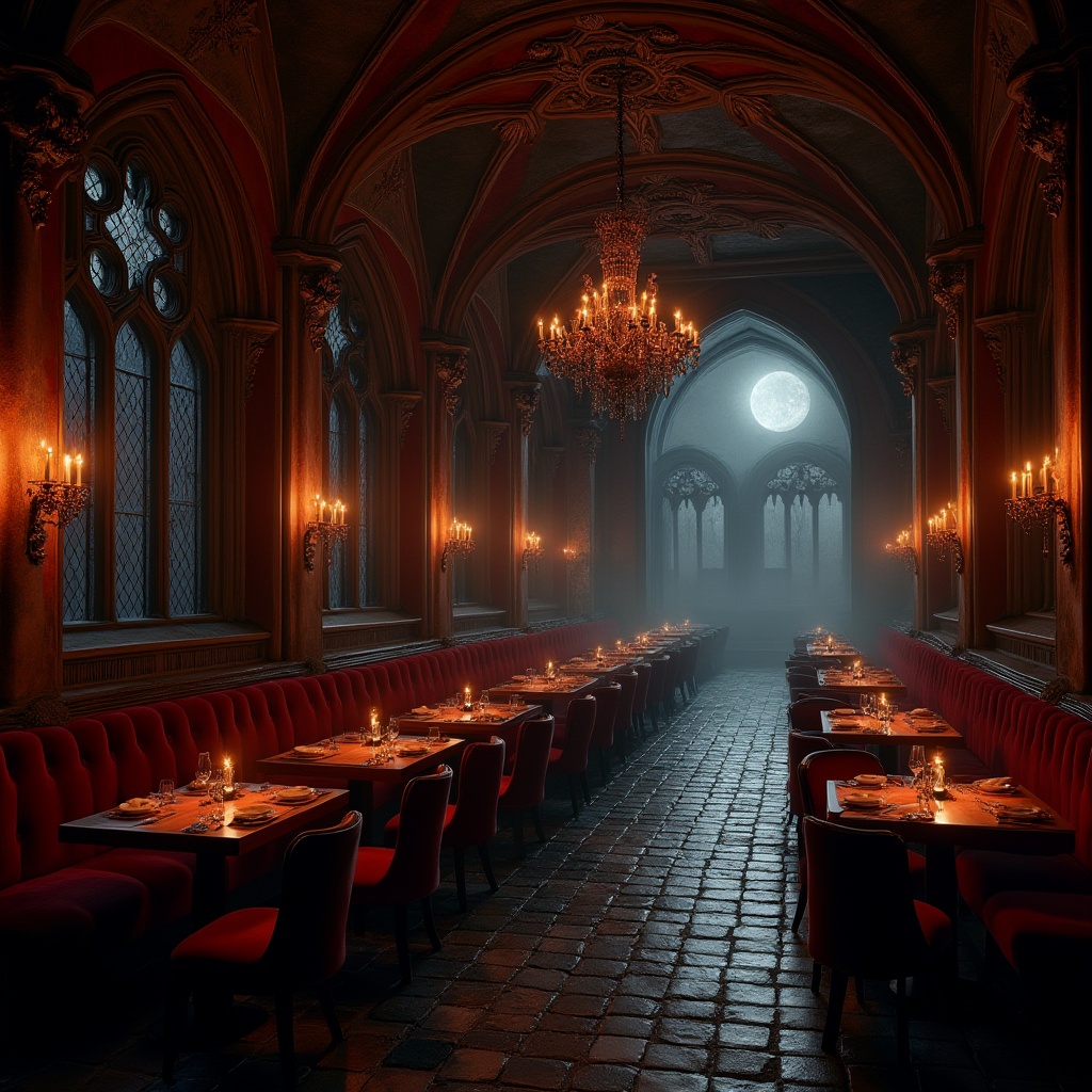 Prompt: Gothic style restaurant, dimly lit, mysterious atmosphere, candlelit tables, ornate wooden decorations, medieval-inspired furnishings, velvet drapes, dark red walls, grand chandelier, intricate stonework, stained glass windows, eerie ambiance, mystical vibes, luxurious seating, gothic arches, mysterious entrance, nighttime scene, full moon, foggy mist outside, warm golden lighting, dramatic composition, 3/4 angle shot.