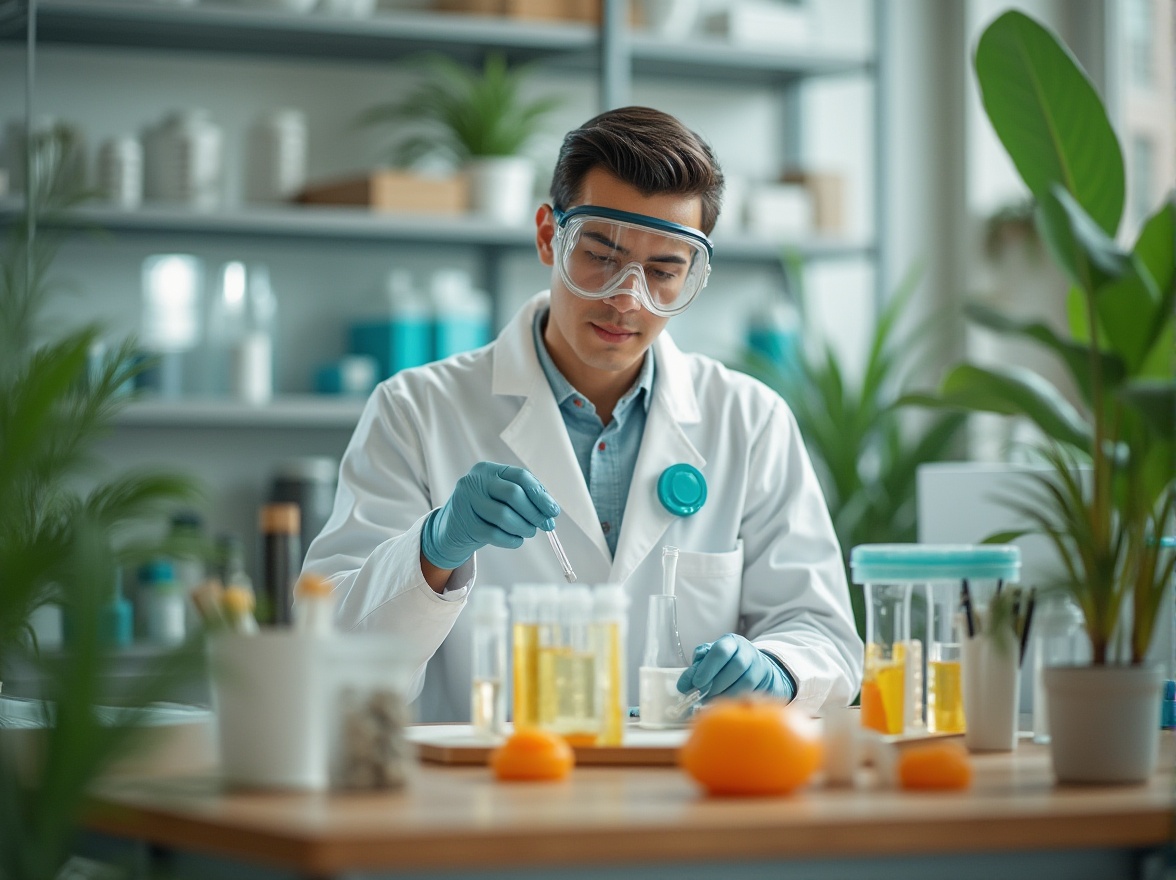 Prompt: Eco-friendly product, modern design, plastic materials, sustainable concept, recycled texture, minimal waste, futuristic laboratory, scientist, white coat, goggles, test tubes, green plants, natural light, wooden table, metal shelves, 3/4 composition, shallow depth of field, softbox lighting, vibrant colors.