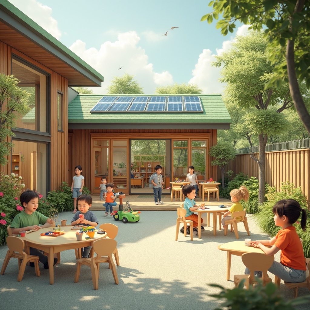 Prompt: Suburban kindergarten, modern, eco-friendly, green roof, solar panels, wooden facade, large windows, natural light, open space, play area, educational toys, children playing, running, laughing, colorful walls, soft carpet, round tables, tiny chairs, crayons, blocks, books, learning materials, gentle teachers, smiling faces, flowers, trees, outdoor playground, swings, slides, climbing frames, safe fencing, morning sunlight, warm atmosphere, 3/4 composition, shallow depth of field.