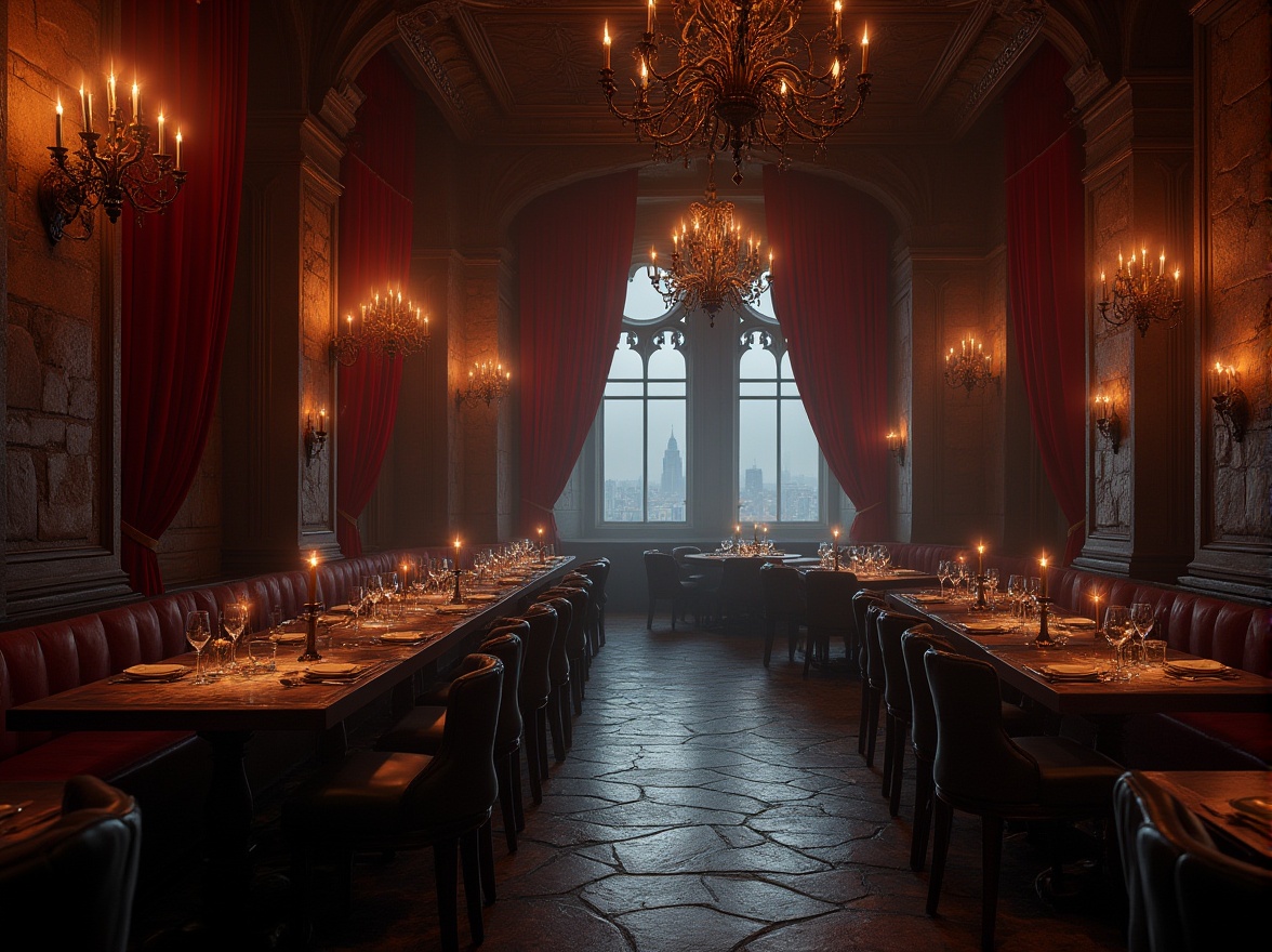 Prompt: Gothic style restaurant, luxurious velvet curtains, dark wooden tables, ornate chandeliers, candlelight, dimly lit atmosphere, mysterious ambiance, heavy drapery, stone walls, medieval-inspired decorations, grand staircase, high ceilings, dramatic lighting, warm golden glow, soft shadows, misty windows, foggy night, cityscape backdrop, realistic textures, cinematic composition, depth of field, HDR, Dutch angle shot.