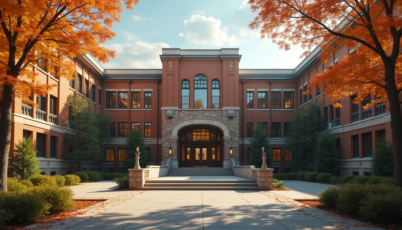 Prompt: Modern university building, regionalism style, brick facade, arched windows, grand entrance, stone pillars, lush greenery, campus quad, autumn leaves, warm afternoon light, soft shadows, 3/4 composition, horizontal lines, textured walls, natural stone, wood accents, elegant courtyard, vibrant student life, cultural diversity.