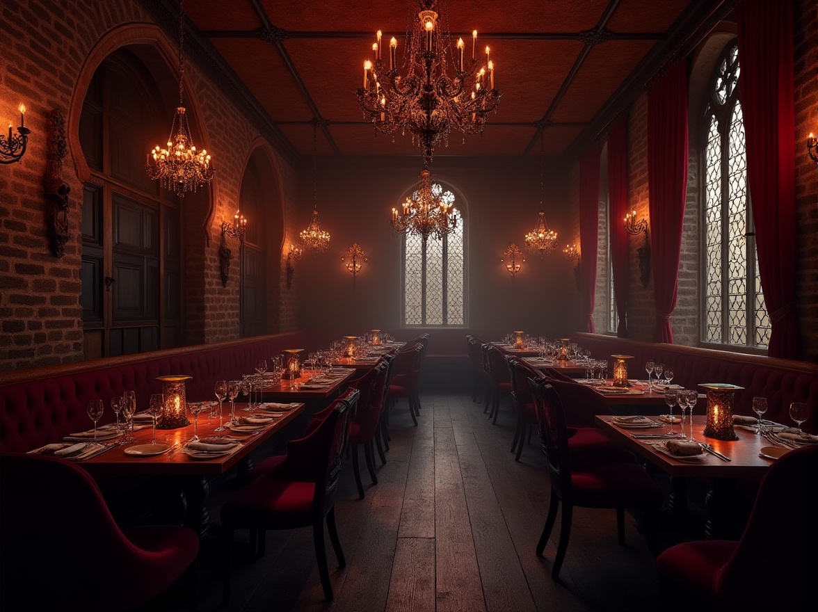 Prompt: Dark, mysterious restaurant interior, Gothic style, dim red lighting, stone walls, vaulted ceilings, grand chandeliers, wooden tables, velvet drapes, ornate metal decorations, crosses, skulls, old books, candles, stained glass windows, eerie atmosphere, luxurious ambiance, Victorian-era inspired, dark wood floors, intricate carvings, mysterious shadows, dramatic arches, heavy curtains, mystical symbols.