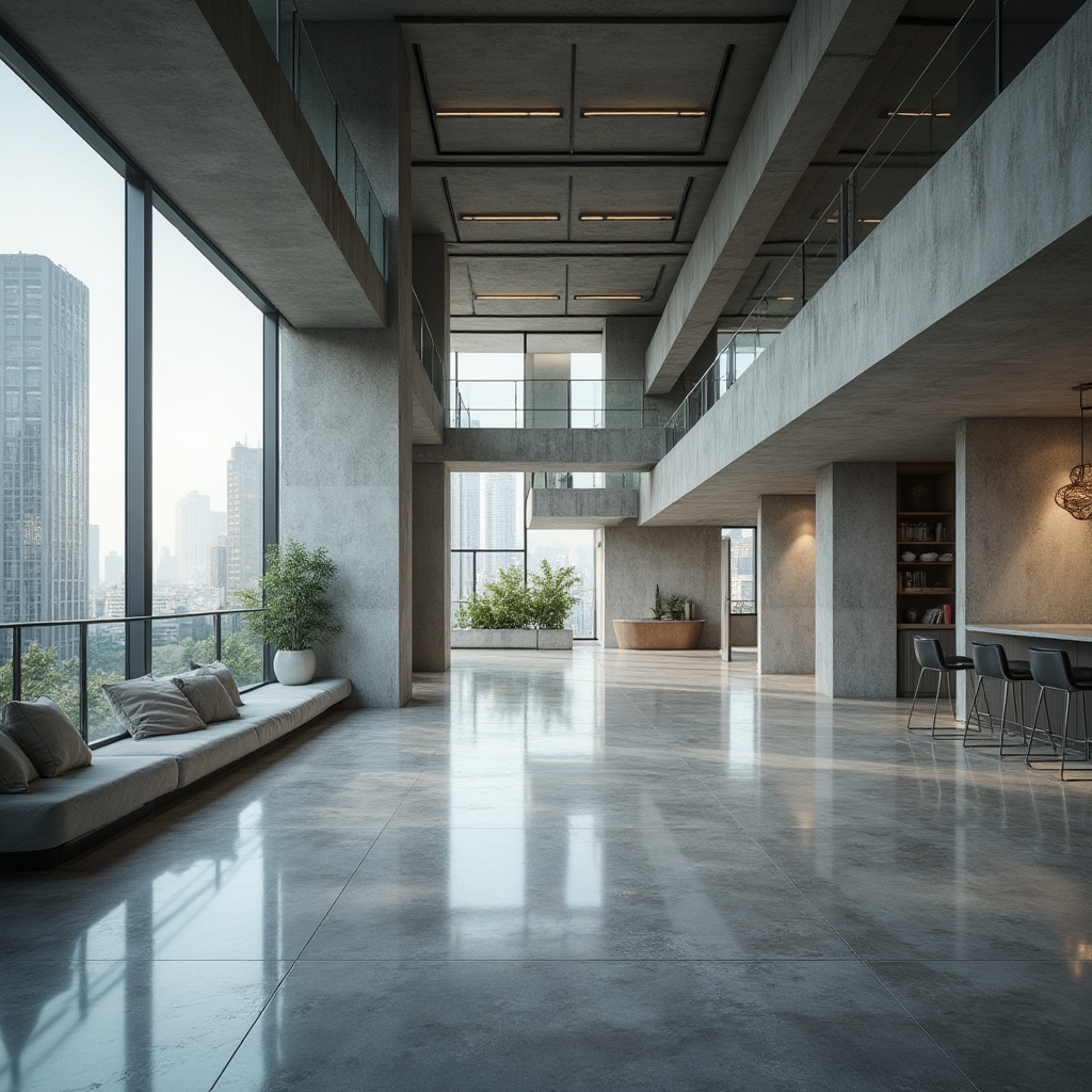 Prompt: Modern concrete architecture, sleek lines, geometric shapes, urban cityscape, contemporary building, polished concrete floor, industrial chic interior, minimalist decor, brutalist structure, raw concrete walls, steel beams, large windows, natural light pouring in, 3/4 composition, low-angle shot, softbox lighting, high-contrast tone, detailed texture, rough concrete surface, metallic accents, urban jungle background, skyscraper view.