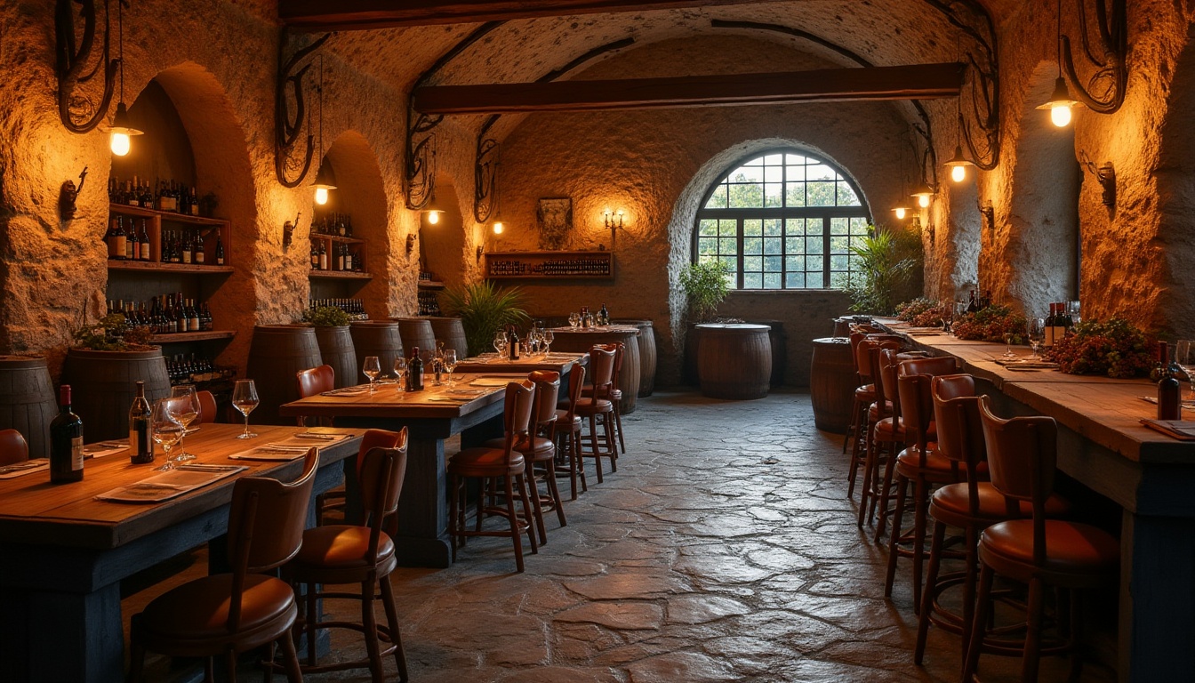 Prompt: Rustic winery interior, granite material, stone walls, wooden barrels, dimly lit, warm ambient lighting, vaulted ceiling, arched windows, wine cellar atmosphere, old-fashioned lanterns, thick wooden tables, leather-bound chairs, wine bottles, grapes, vines, natural texture, earthy tone, warm color palette, cozy corner, intimate setting, atmospheric perspective, 3/4 composition, shallow depth of field.