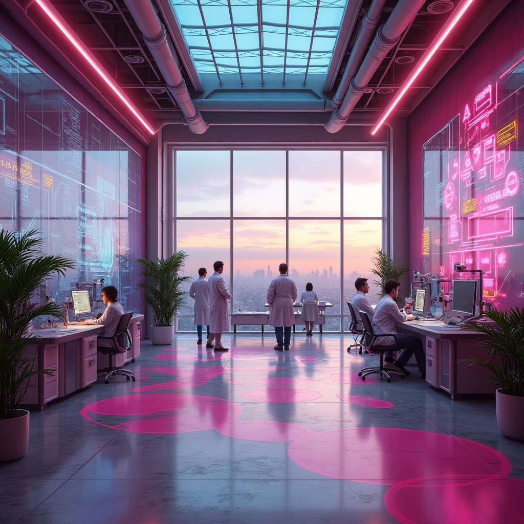 Prompt: Futuristic research center, vibrant fuchsia accents, sleek modern architecture, glass facade, steel beams, minimalist decor, futuristic lab equipment, scientists in white coats, intense focused expressions, surrounded by holographic screens, neon lights, abstract artistic installations, geometric patterns on floor and walls, bold colorful furniture, ergonomic chairs, circular meeting tables, lush green plants, natural light pouring through skylights, panoramic view of cityscape, sunset hues, warm ambient lighting, shallow depth of field, cinematic composition.