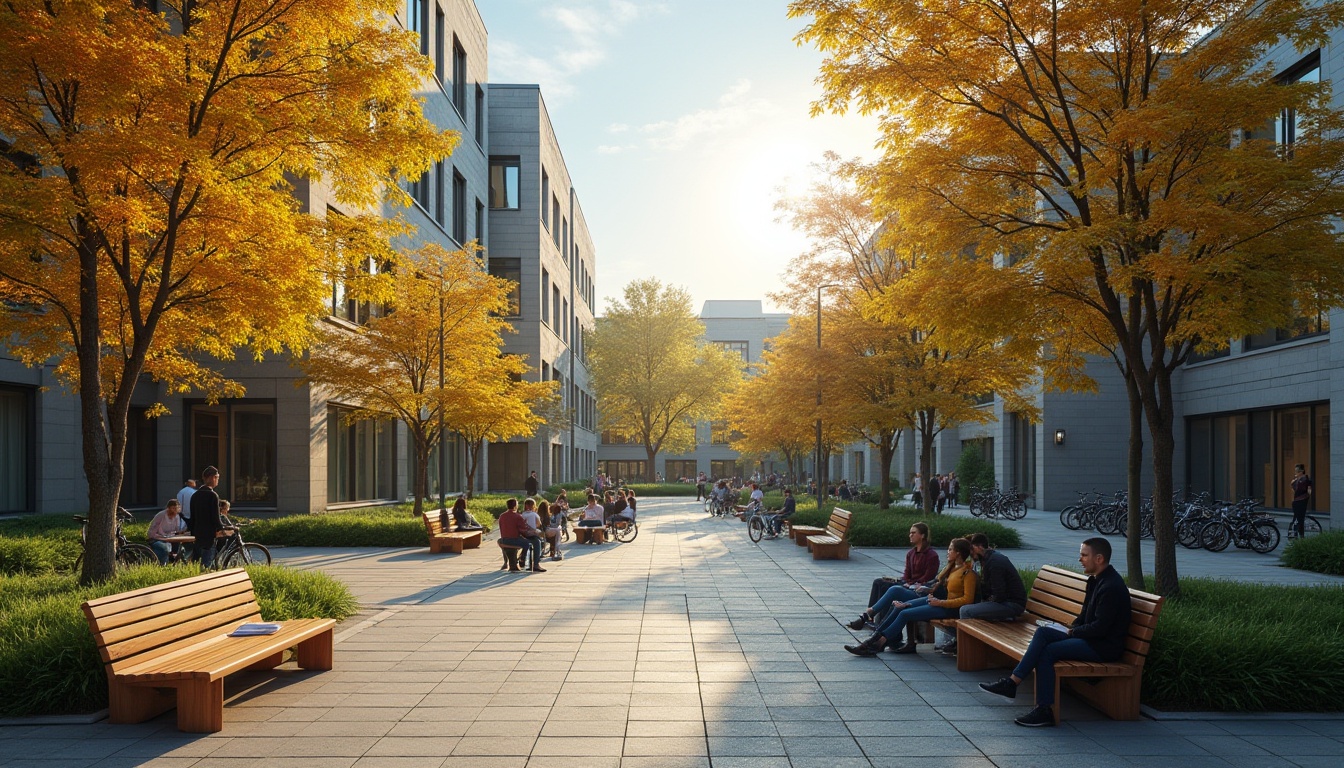 Prompt: University campus, regional architecture style, modern buildings, greenery surroundings, trees with autumn leaves, walking paths, bicycles parked, students chatting, laptops and books scattered, outdoor seating areas, wooden benches, stone pavement, warm afternoon sunlight, soft shadows, 3/4 composition, shallow depth of field, vibrant colors, natural textures, educational atmosphere.