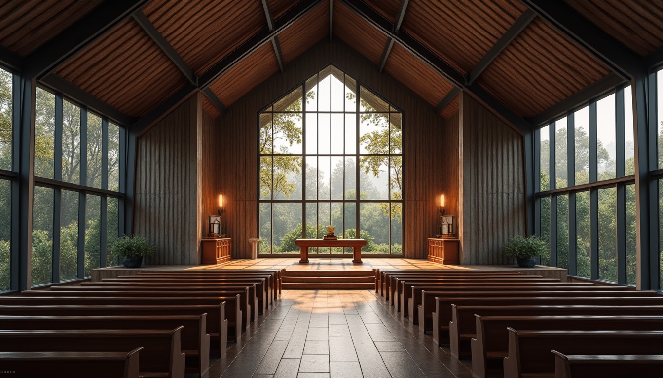 Prompt: Modern church, corrugated iron roof, rustic exterior walls, large glass windows, steel frames, minimalist interior design, wooden benches, candlelight, gentle natural light, subtle shadows, peaceful atmosphere, vaulted ceiling, industrial chic, urban landscape, cityscape background, soft focus, warm color tone, shallow depth of field.