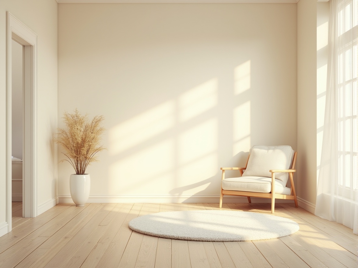 Prompt: Cream-colored walls, soft focus, warm ambiance, calming atmosphere, minimal decor, elegant simplicity, modern interior design, Scandinavian style, wooden floor, minimalist furniture, plush area rug, natural light pouring in through large windows, subtle shadows, gentle curves, inviting nook with a comfortable armchair, pastel shades, creamy textures, serene mood, peaceful environment.