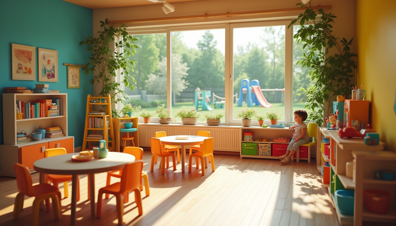 Prompt: Suburban kindergarten, colorful walls, large windows, natural light, wooden floors, circular tables, tiny chairs, educational toys, green outdoor space, playground equipment, swings, slides, climbing frames, sandbox, flower beds, trees, sunny day, soft focus, warm atmosphere, cozy reading nook, gentle teacher, happy children, learning materials, creative artwork, vibrant colors, playful composition.