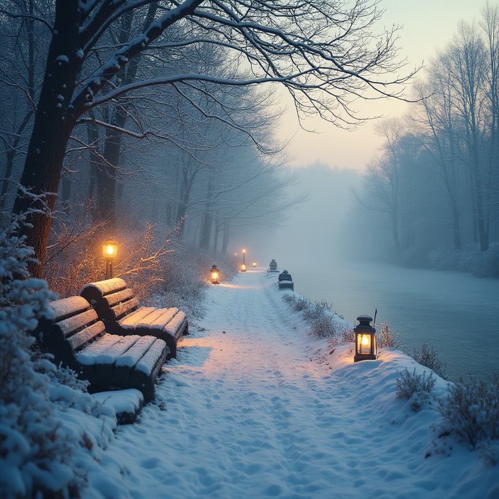 Prompt: Winter riverbank scene, snow-covered trees, gentle slope, frozen river, icy mist, serene atmosphere, soft warm lighting, peaceful composition, a few footprints in the snow, wooden benches, worn stone stairs, lanterns with soft glow, snowflakes gently falling, frosty air, misty fog, shallow depth of field, cinematic mood, natural colors, soft focus.