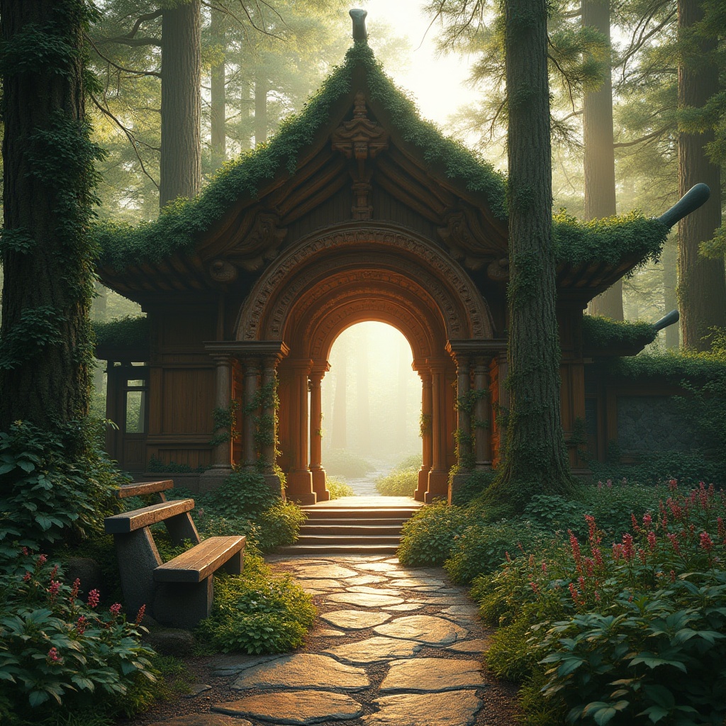 Prompt: Forest-inspired pavilion, grand entrance, wooden structure, intricate carvings, vines entwined columns, moss-covered roof, natural lighting, dappled shade, warm ambiance, surrounded by tall trees, lush greenery, wildflowers blooming at base, winding stone path leading to entrance, rustic benches, soft forest floor, morning mist, warm sunlight filtering through leaves, cinematic composition, atmospheric perspective, serene atmosphere.