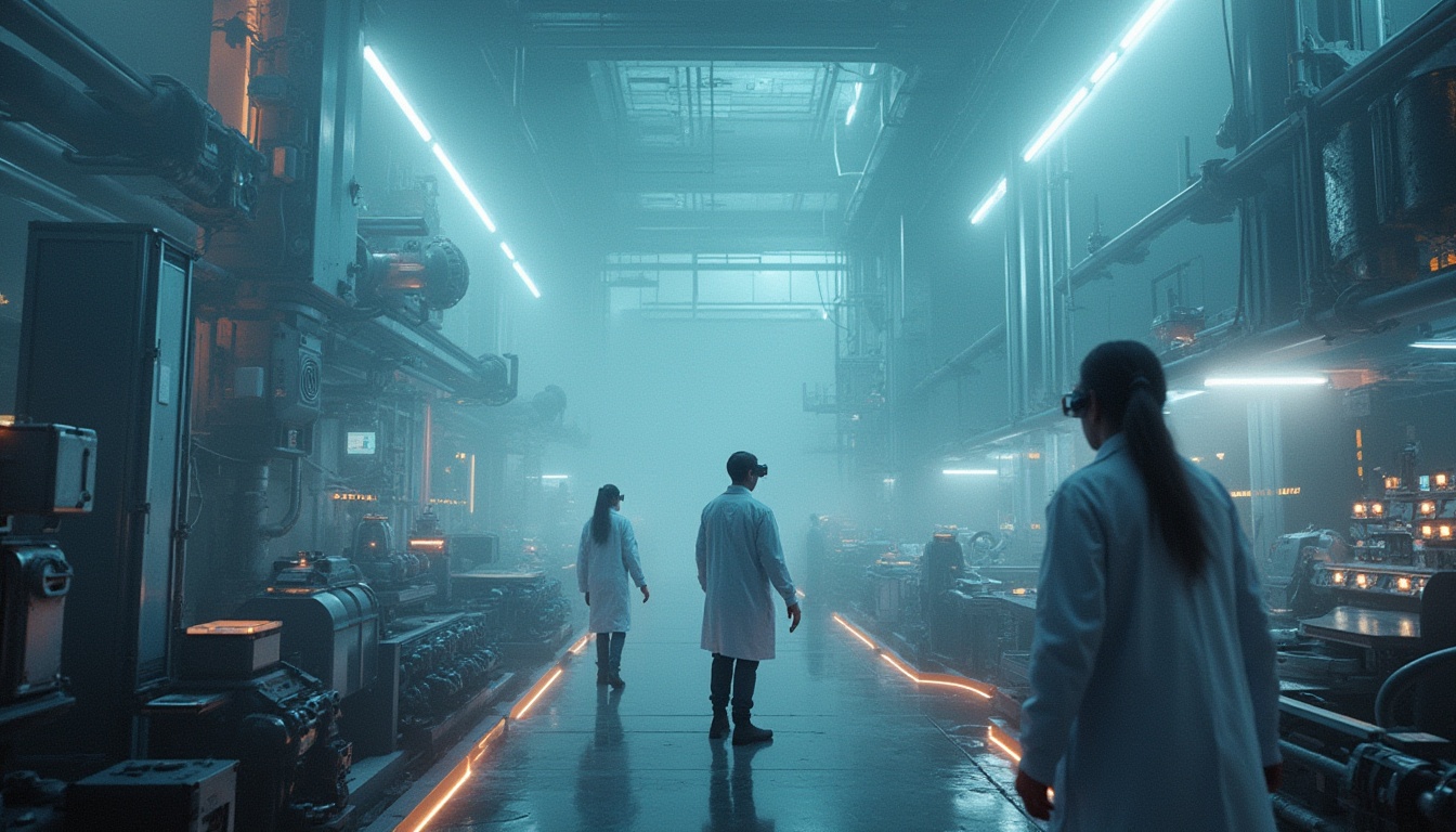 Prompt: Futuristic laboratory, mountainous terrain, misty atmosphere, neon lights, steel structure, glass walls, complex pipes, futuristic equipment, robotic arms, holographic screens, virtual reality headsets, scientists in white coats, goggles, gloves, innovative gadgets, sleek designs, metallic surfaces, LED lighting, cyberpunk ambiance, 3/4 composition, low-angle shot, dramatic lighting, misty background, depth of field, cinematic feel.