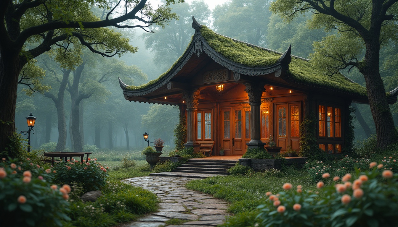 Prompt: Forest-inspired pavilion, grand entrance, intricate wooden carvings, vines crawling up pillars, natural stone walls, moss-covered roof, large glass windows, soft warm lighting, misty atmosphere, surrounded by tall trees, lush greenery, wildflowers blooming, winding forest path leading to the pavilion, rustic wooden benches, lanterns hanging from tree branches, morning dew, soft focus, shallow depth of field, cinematic composition.