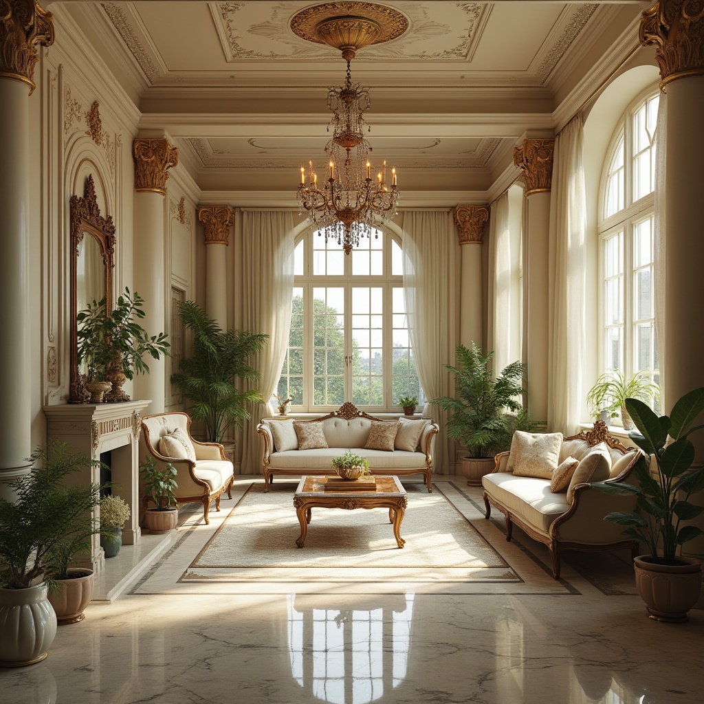 Prompt: Eclectic interior, luxurious mansion, grand hall, limestone walls, cream-colored columns, ornate chandelier, marble floors, velvet sofas, antique furniture, vintage decorative items, lush greenery, natural light pouring through large windows, warm ambiance, 3/4 composition, softbox lighting, detailed texture, realistic rendering.