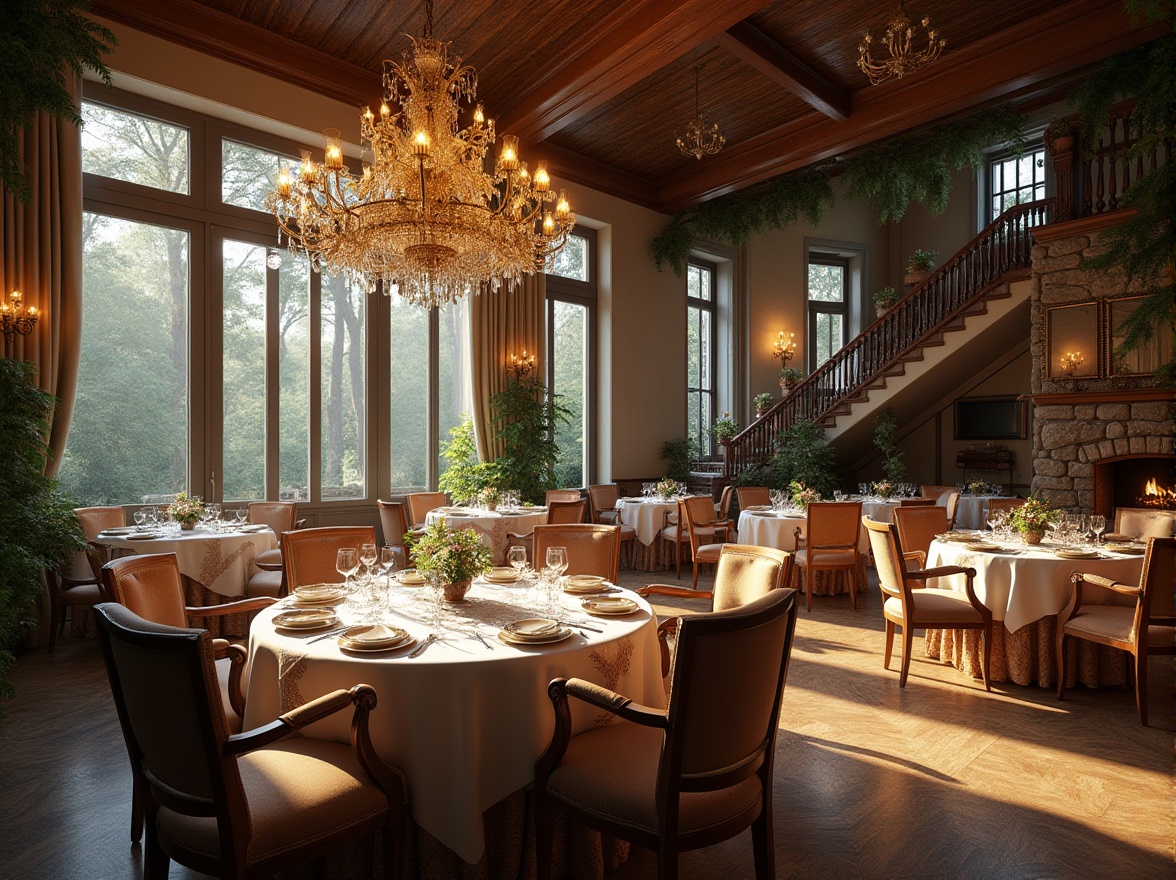 Prompt: Regionalism style dining hall, luxurious ambiance, large glass chandelier, suspended from high ceiling, refracting light, ornate wooden tables, comfortable velvet chairs, elegant lace tablecloths, subtle flower patterns, intricate glassware, delicate wine glasses, rustic stone walls, warm fireplace, grand staircase, lush greenery, natural light pouring in through large windows, soft morning sunbeams, cozy atmosphere.