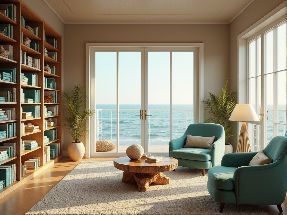 Prompt: Coastal library, warm beige walls, large windows, natural light, ocean view, comfortable reading nook, wavy wooden shelves, turquoise book spines, coral-inspired decorations, driftwood coffee table, plush sea-green armchairs, fish-scale patterned rug, shell-shaped desk lamps, gentle ocean breeze sound effects, soft focus lighting, morning mist atmosphere, 3/4 composition, shallow depth of field.