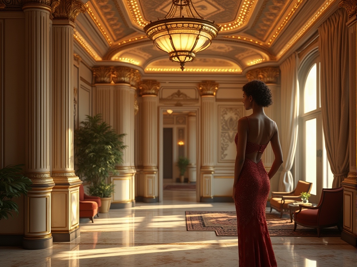 Prompt: Art Deco design, luxurious interior, ornate plaster material, intricate geometric patterns, golden accents, curved lines, sleek furniture, lavish decorations, grand chandelier, high ceiling, marble floor, velvet drapes, vintage 1920s atmosphere, warm soft lighting, shallow depth of field, cinematic composition, elegant lady in a flapper dress, posing near a decorative pillar, dramatic shadows.