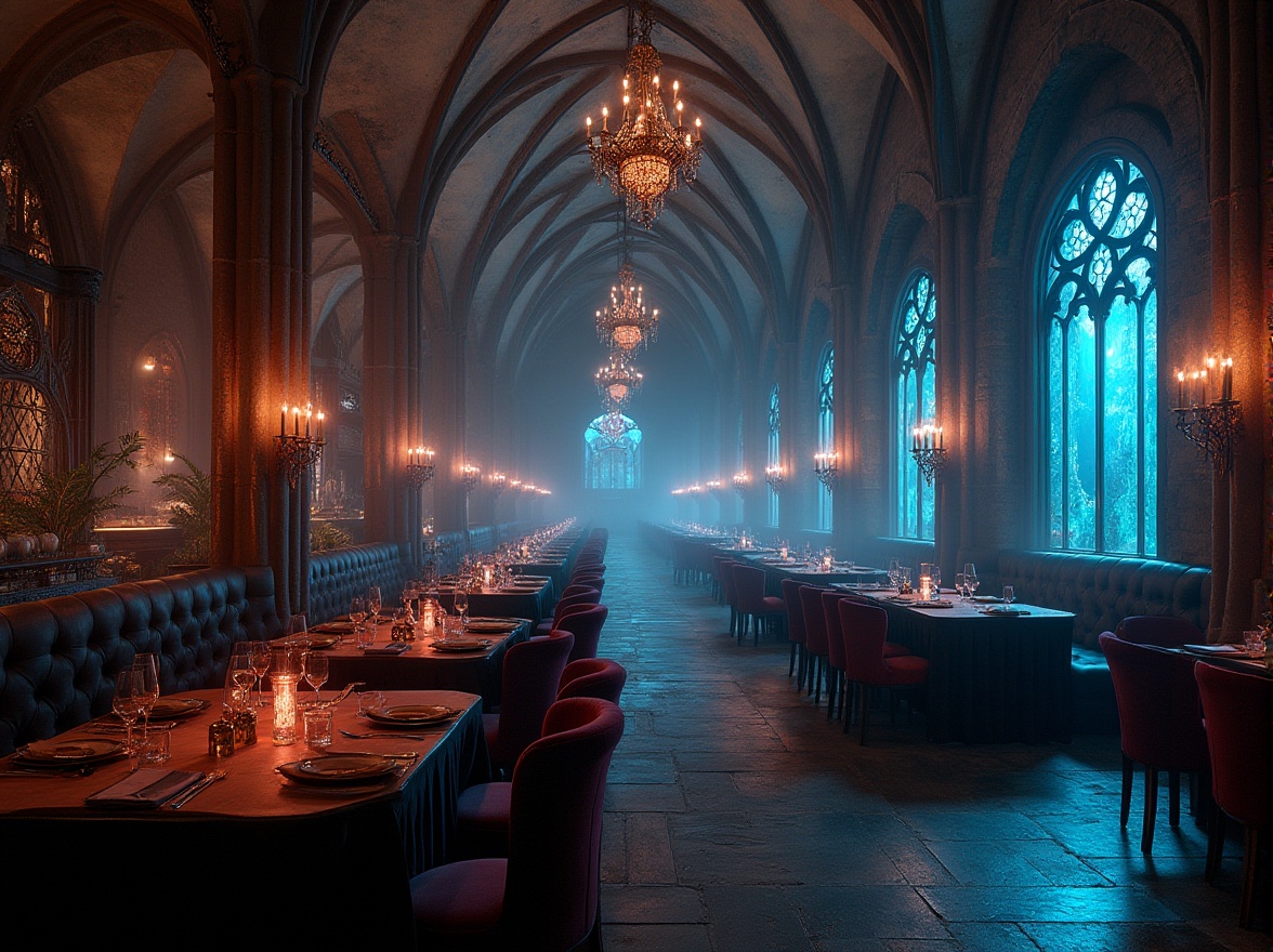 Prompt: Gothic-style restaurant, futuristic ambiance, high ceilings, grand chandeliers, dark wood tables, velvet drapes, mysterious lighting, fog machines, eerie mist, medieval-inspired chairs, luxurious upholstery, ornate mirrors, heavy metal doors, ancient stone walls, mystical frescoes, dimly lit corridors, grand staircase, lavish VIP rooms, futuristic holographic projections, neon-lit Gothic arches, cyberpunk elements, abandoned church atmosphere, ruins of an old castle, overgrown with vines, mysterious artifacts on display, dark academia vibe, steam punk accents, intricate carvings, luxurious textiles, avant-garde art pieces.