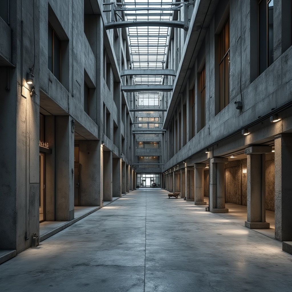 Prompt: Industrial chic concrete building, modern architectural design, urban cityscape, brutalist structure, rough textured concrete walls, steel beams, floor-to-ceiling windows, minimalist decor, sleek lines, monochromatic color scheme, ambient light, high-contrast shadows, cinematic composition, low-angle shot, detailed concrete patterns, industrial pipes, metallic accents, urban jungle background.