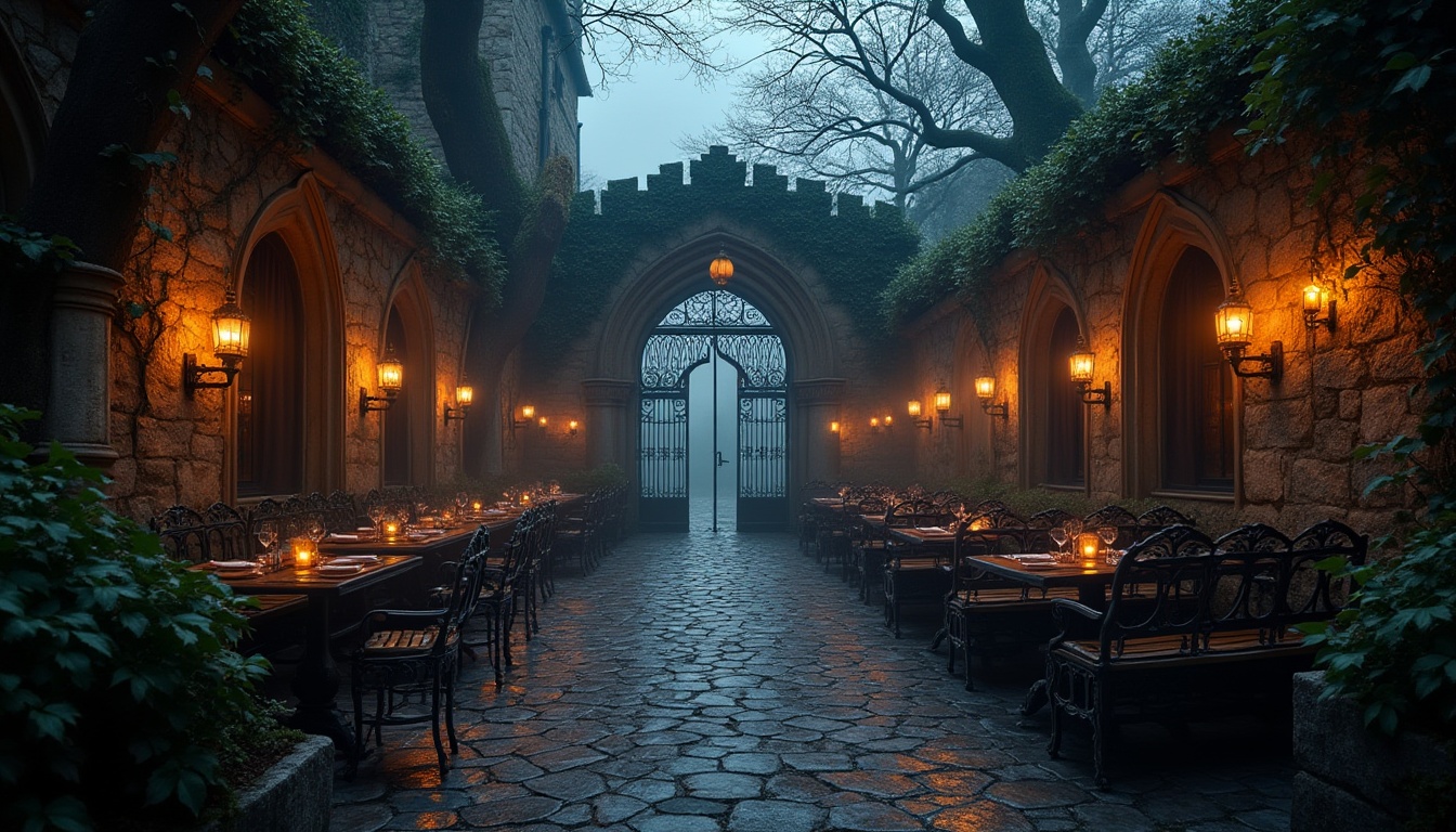 Prompt: Gothic style restaurant, outdoor spaces, mysterious ambiance, dim lanterns, ornate stone walls, ivy-covered archways, grandiose iron gates, misty atmosphere, foggy night, dark romantic lighting, intricate wooden benches, vintage metal tables, cobblestone pavement, mystical forest surroundings, twisted tree branches, overgrown bushes, ancient ruins in the background, dramatic sky with clouds, warm candlelight, luxurious velvet curtains.