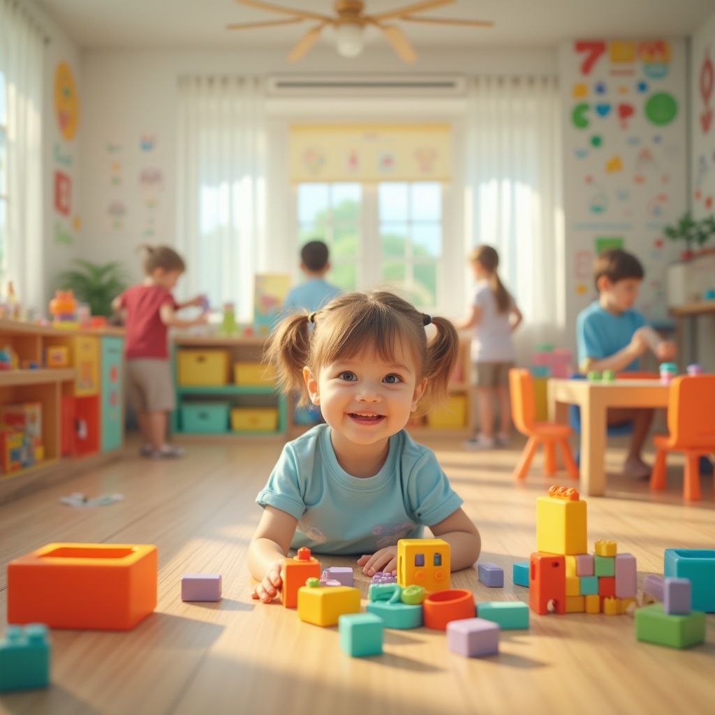 Prompt: Colorful kindergarten, plastic toys, bright blocks, educational posters, kid-friendly furniture, rounded edges, safe materials, soft pastel colors, natural light, wooden tables, tiny chairs, playful atmosphere, learning environment, group play, happy children, smiling faces, shallow depth of field, warm lighting, 3/4 composition, child's eye view.