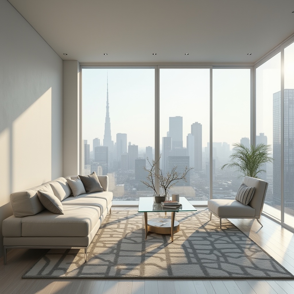 Prompt: Modern minimalist interior, light gray walls, sleek glass coffee table, low-profile sofa with clean lines, chrome legs, geometric patterned rug, floor-to-ceiling windows, cityscape view, 3/4 composition, soft natural lighting, warm atmosphere, morning sunbeams, subtle shadows, high-rise building, urban landscape.