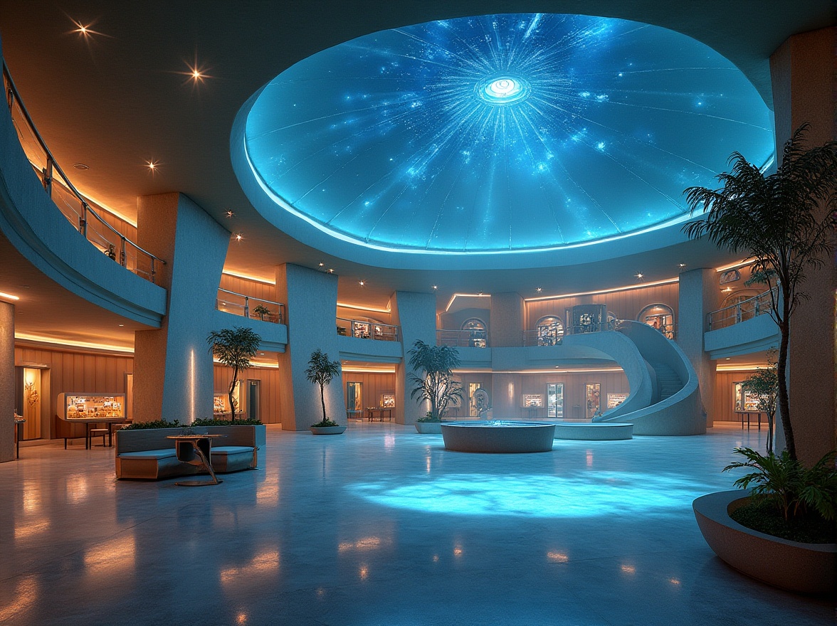 Prompt: Streamline Moderne planetarium, futuristic architecture, incorporating sandstone elements, curved lines, geometric shapes, celestial body projections on dome ceiling, starry night sky, soft blue ambient lighting, gentle mist, tranquil atmosphere, lush greenery, potted plants, sleek metallic accents, minimalist seating area, interactive exhibits, astronomy-inspired decorations, circular walkway, panoramic view, 3/4 composition, high dynamic range.