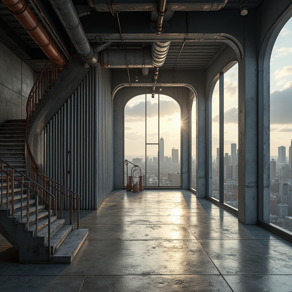 Prompt: Industrial modern architecture, corrugated iron wall, rusty metal texture, urban cityscape, concrete floor, steel beams, exposed pipes, minimal decoration, functional design, natural light pouring through large windows, industrial lamps hanging from ceiling, metallic staircase, brutalist style, rough concrete columns, urban landscape outside, city skyscrapers in background, cloudy sky with sun peeking through.